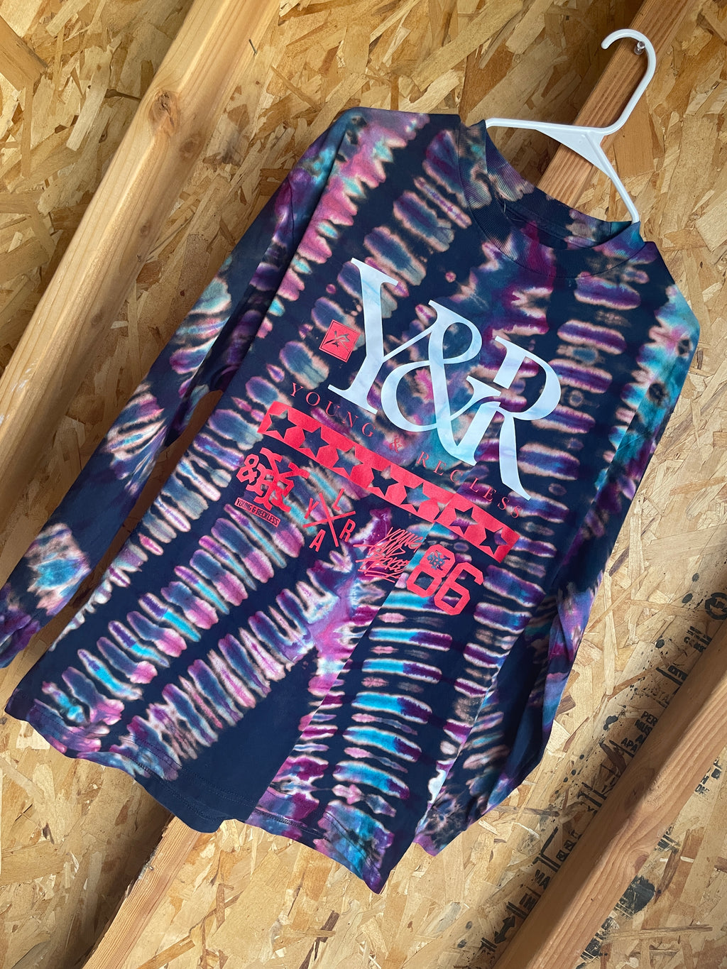 Large Men’s Young and Reckless Handmade Tie Dye T-Shirt | Black, Blue, and Pink Tie Dye Long Sleeve
