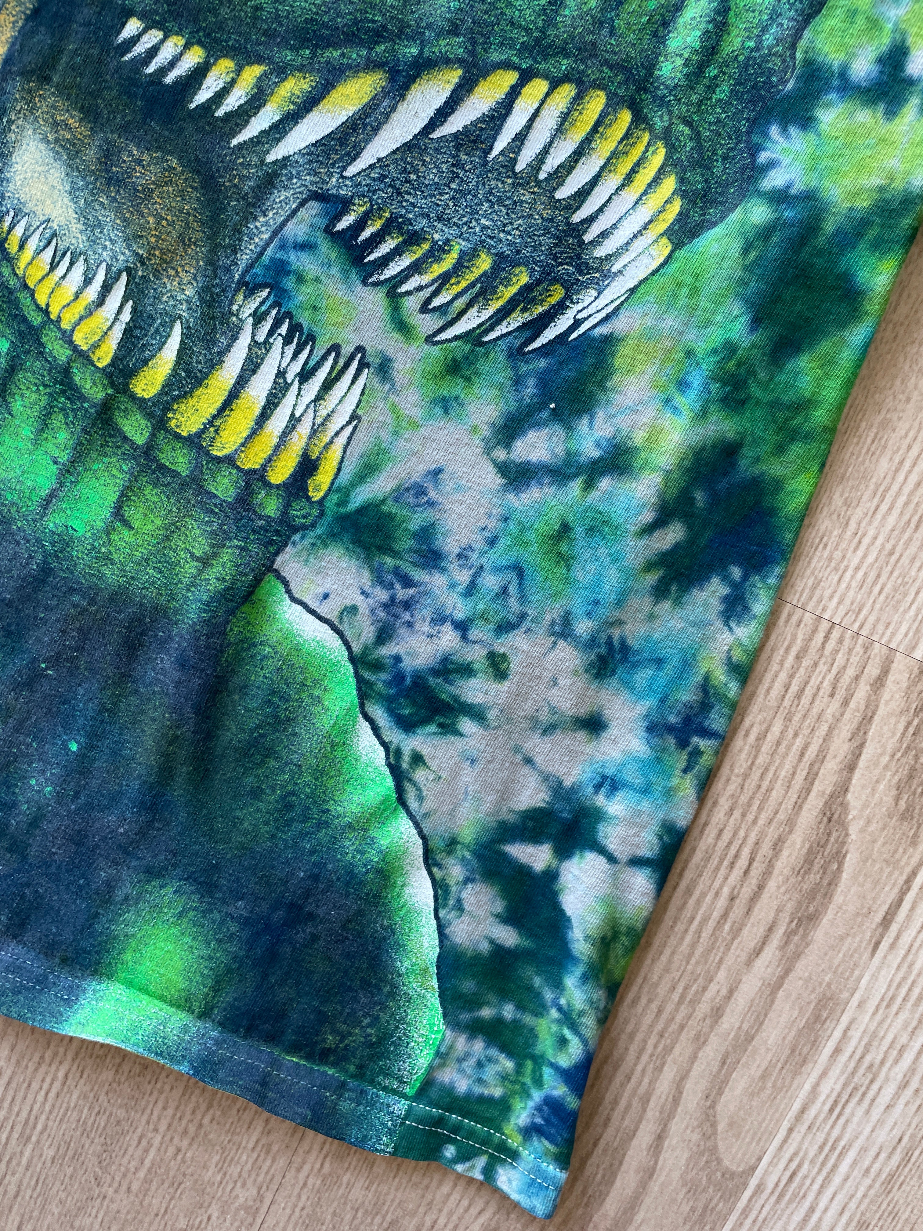 YOUTH LARGE T-REX Handmade Tie Dye T-Shirt | One-Of-a-Kind Green and Blue Short Sleeve