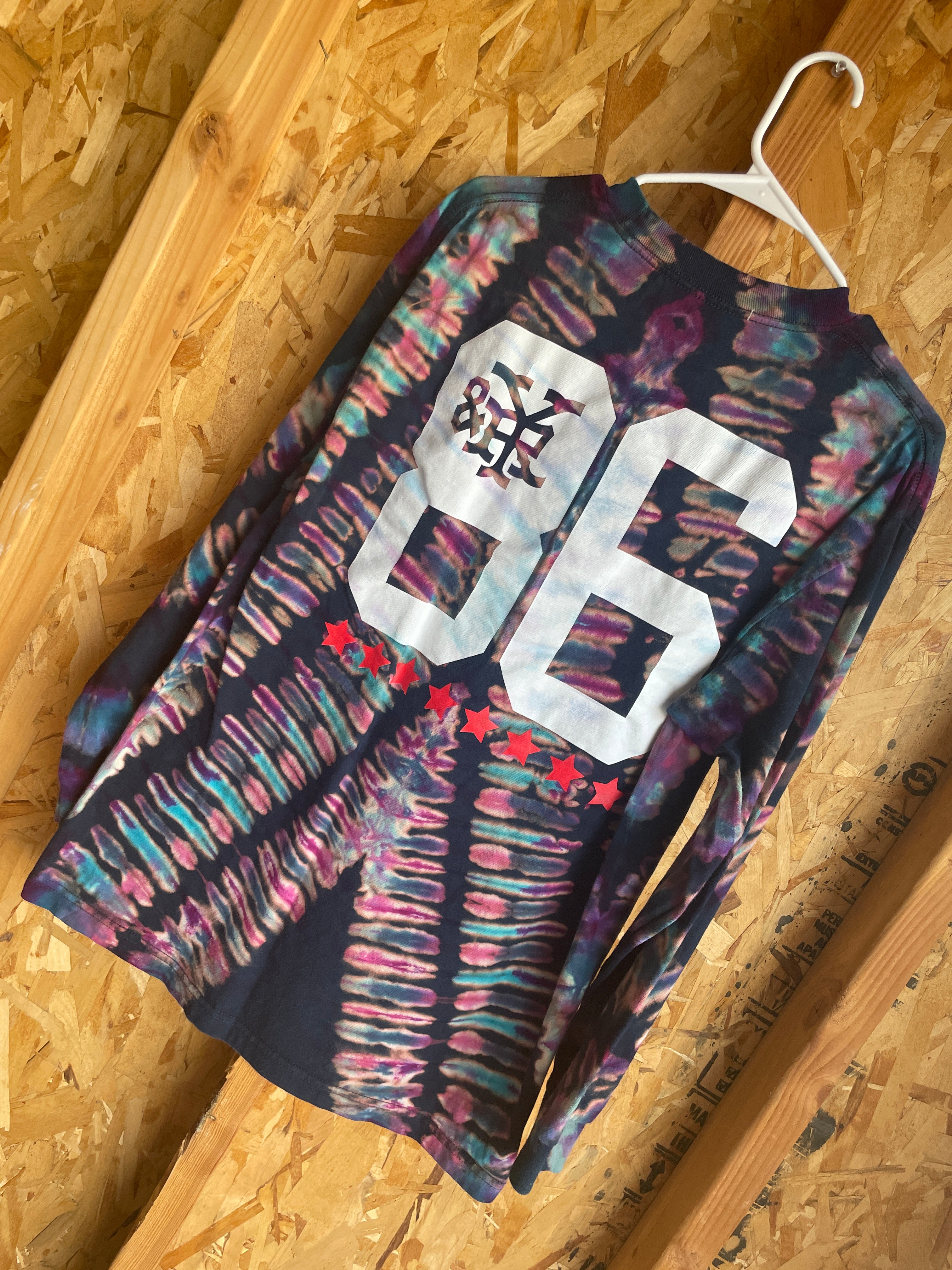 Large Men’s Young and Reckless Handmade Tie Dye T-Shirt | Black, Blue, and Pink Tie Dye Long Sleeve