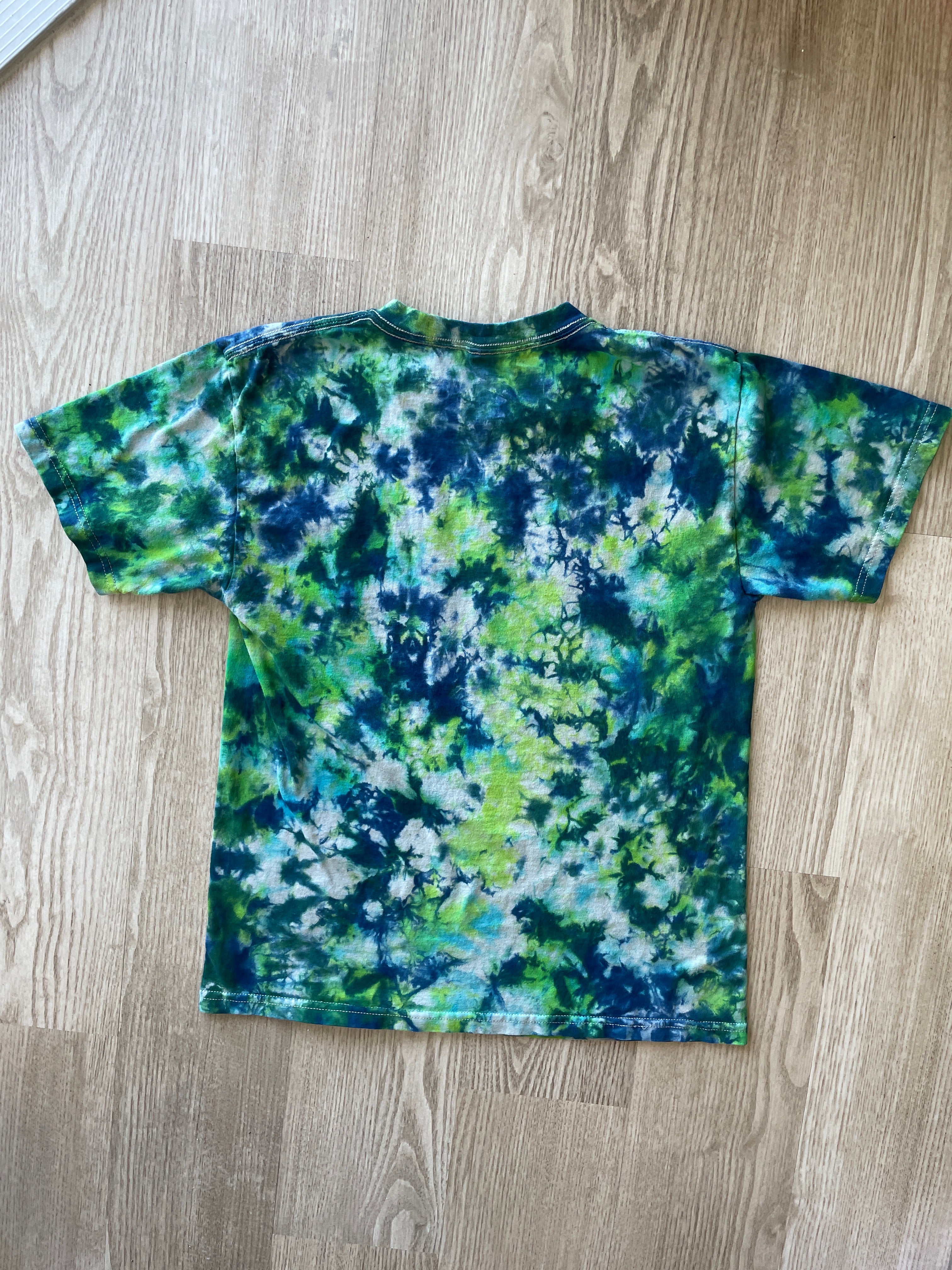 YOUTH LARGE T-REX Handmade Tie Dye T-Shirt | One-Of-a-Kind Green and Blue Short Sleeve