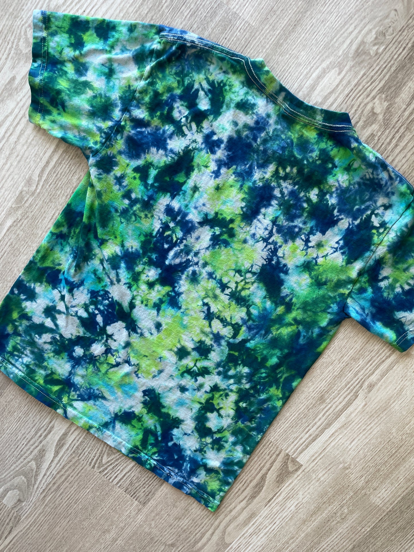 YOUTH LARGE T-REX Handmade Tie Dye T-Shirt | One-Of-a-Kind Green and Blue Short Sleeve