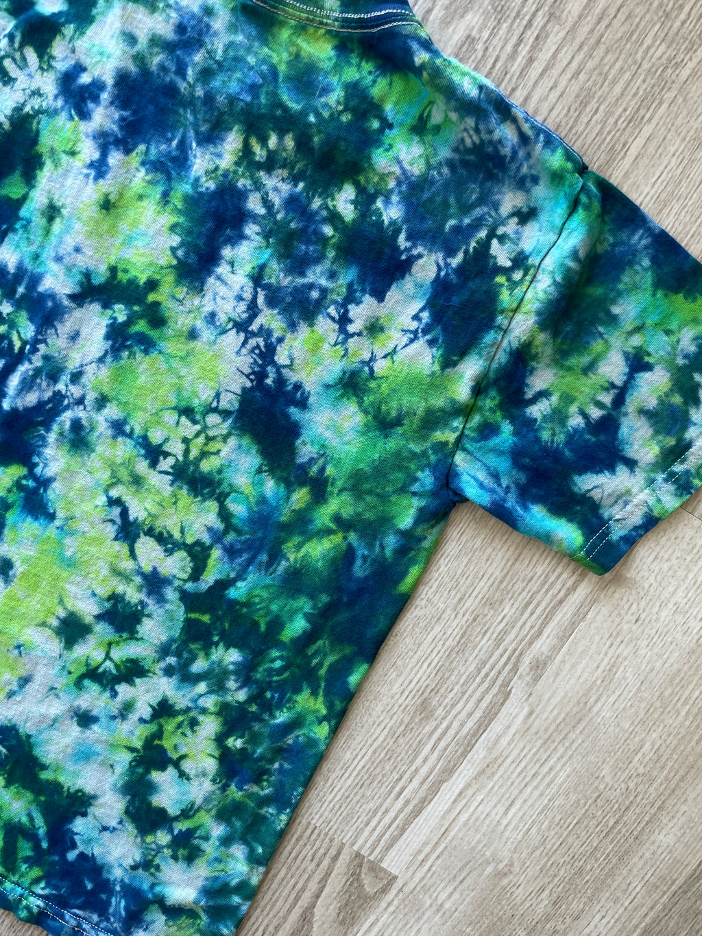 YOUTH LARGE T-REX Handmade Tie Dye T-Shirt | One-Of-a-Kind Green and Blue Short Sleeve