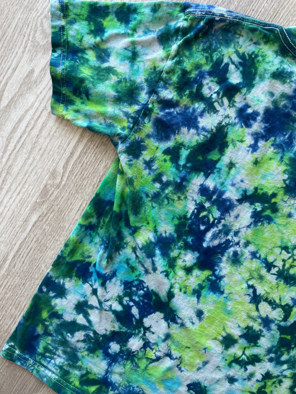 YOUTH LARGE T-REX Handmade Tie Dye T-Shirt | One-Of-a-Kind Green and Blue Short Sleeve