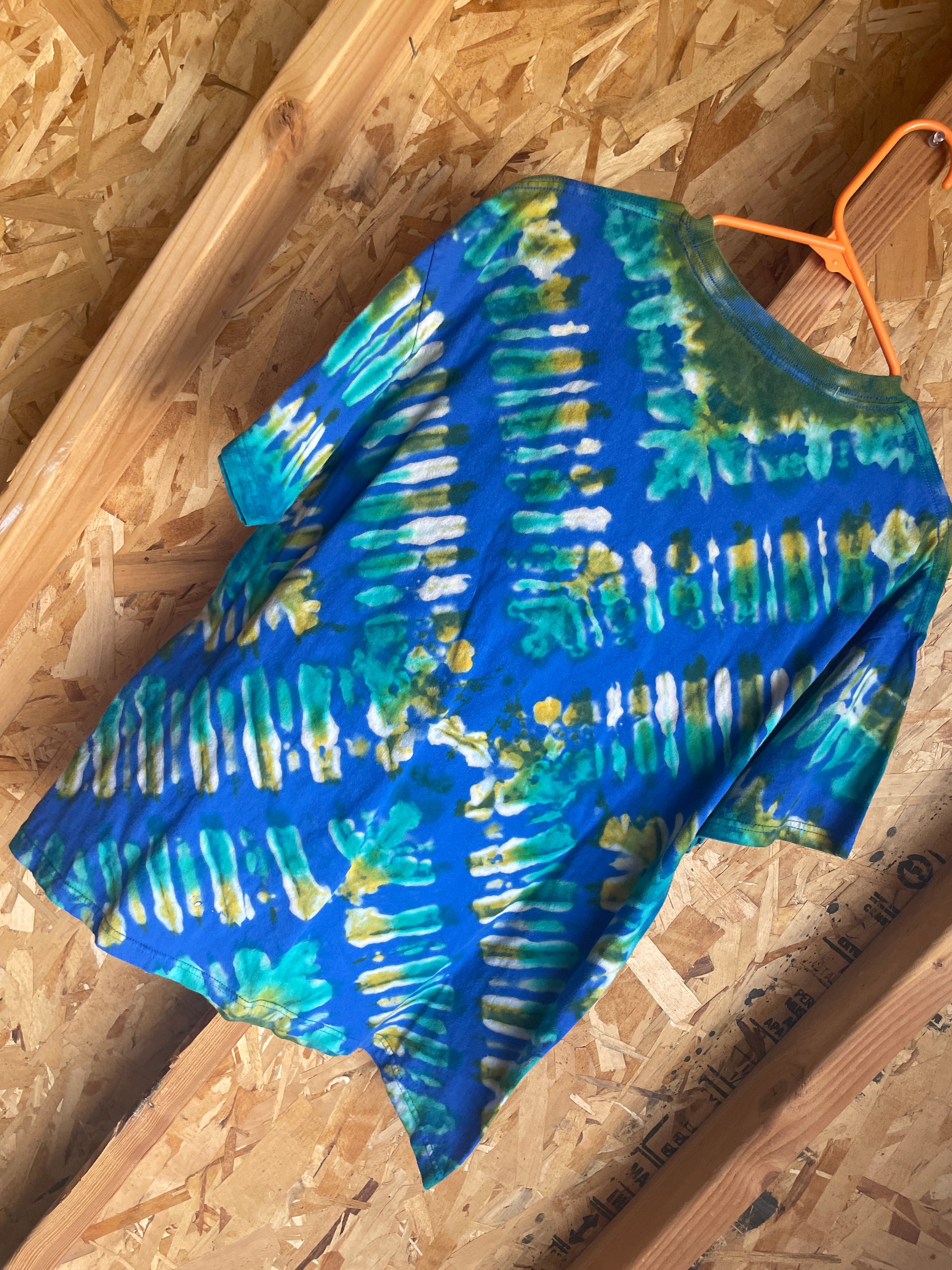 Large Men’s Goonies Forever Handmade Tie Dye T-Shirt | Green and Blue Pleated Tie Dye Short Sleeve