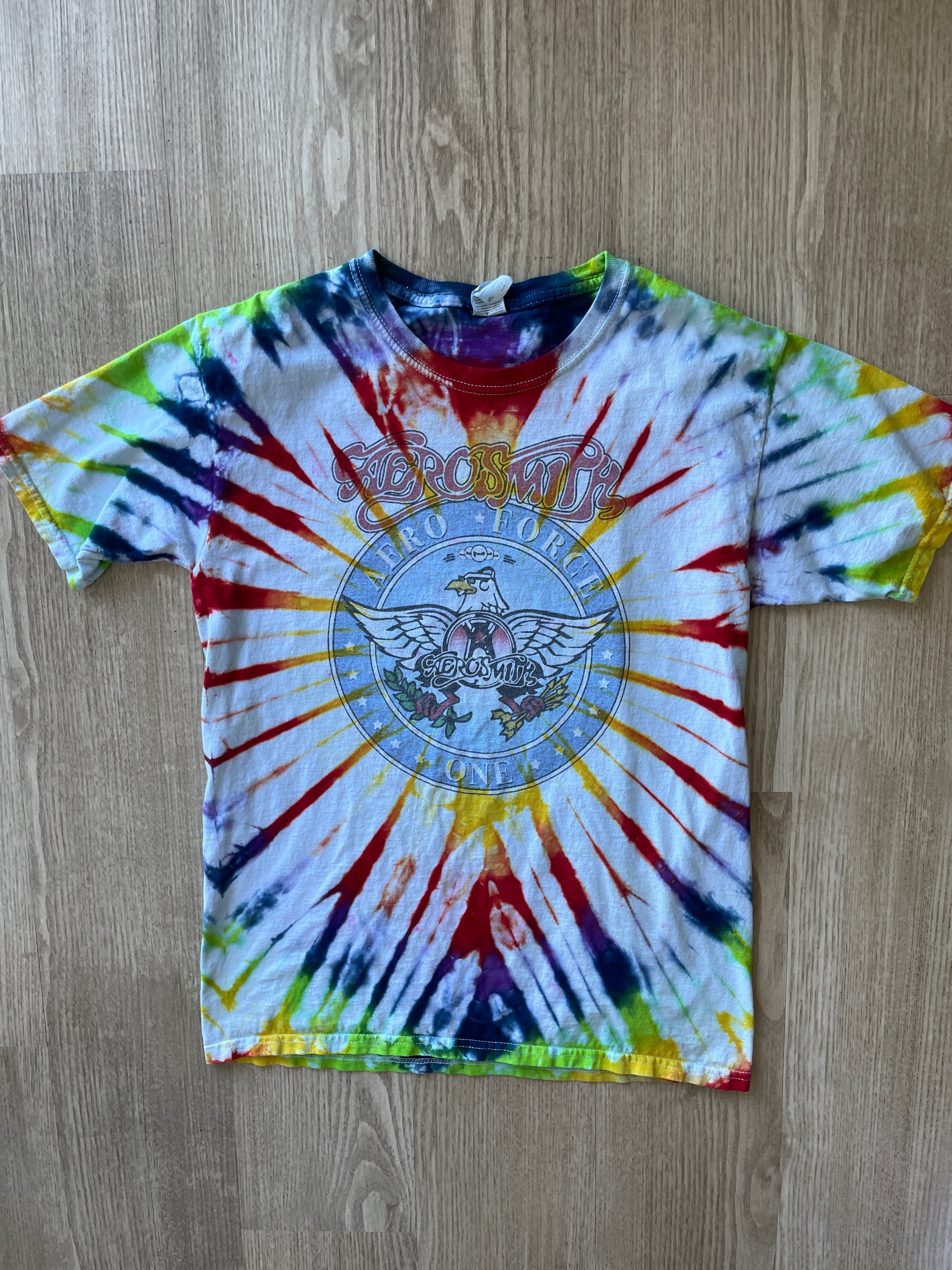 YOUTH XL Aerosmith Aero Force One Handmade Tie Dye T-Shirt | One-Of-a-Kind Rainbow Pleated Short Sleeve