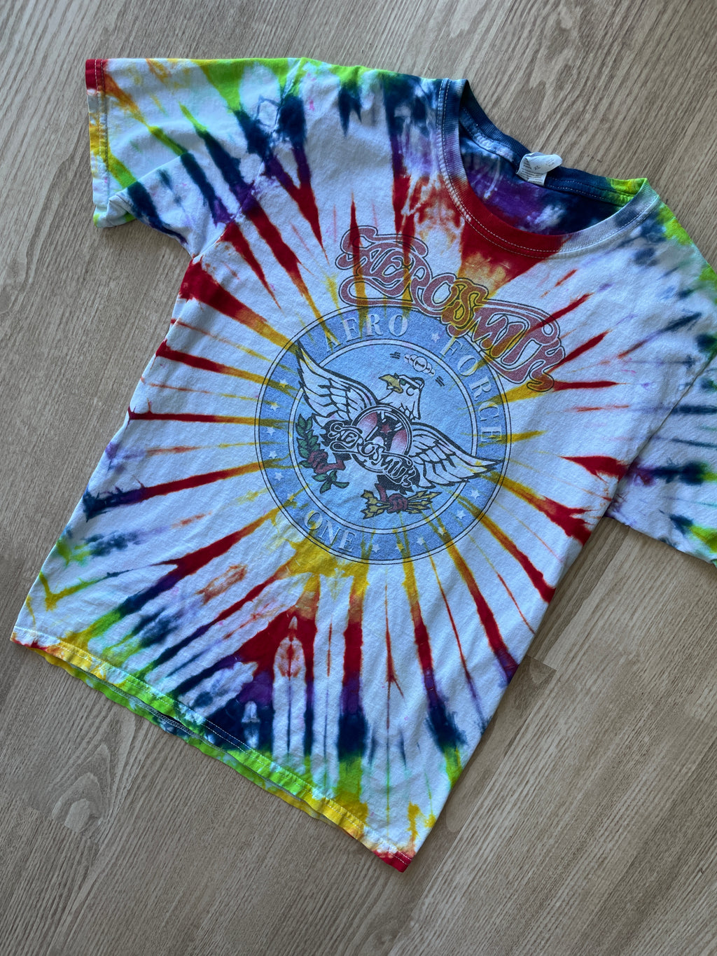YOUTH XL Aerosmith Aero Force One Handmade Tie Dye T-Shirt | One-Of-a-Kind Rainbow Pleated Short Sleeve
