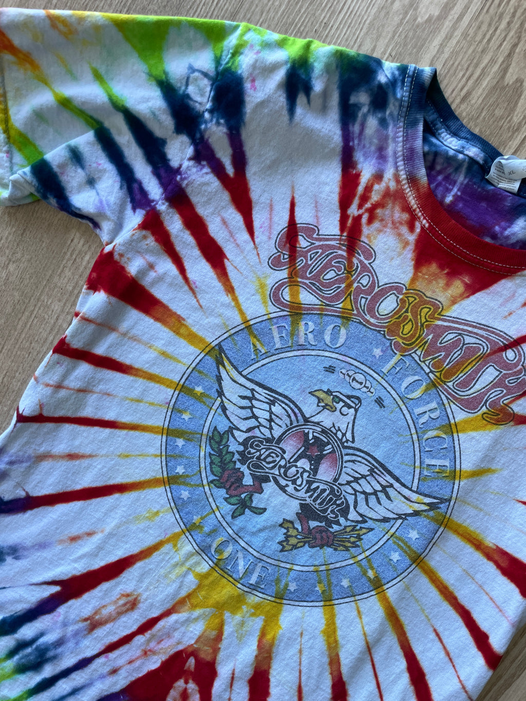 YOUTH XL Aerosmith Aero Force One Handmade Tie Dye T-Shirt | One-Of-a-Kind Rainbow Pleated Short Sleeve