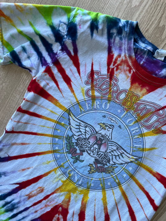 YOUTH XL Aerosmith Aero Force One Handmade Tie Dye T-Shirt | One-Of-a-Kind Rainbow Pleated Short Sleeve