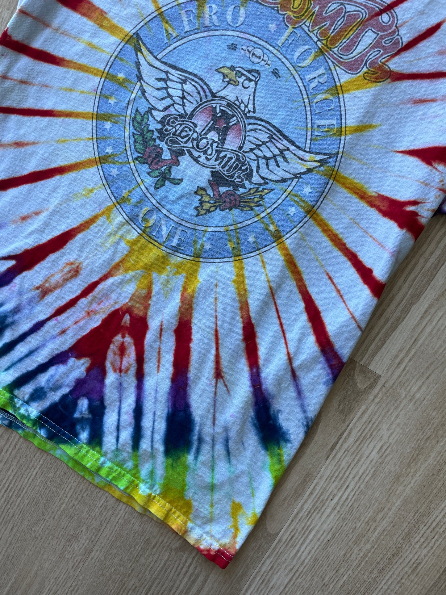 YOUTH XL Aerosmith Aero Force One Handmade Tie Dye T-Shirt | One-Of-a-Kind Rainbow Pleated Short Sleeve