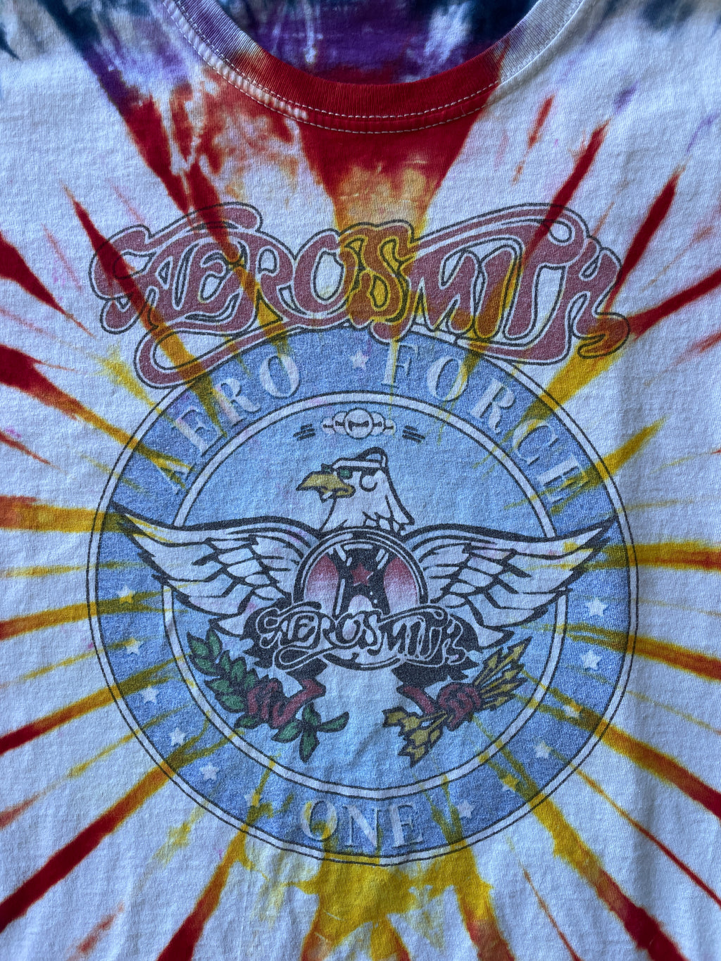 YOUTH XL Aerosmith Aero Force One Handmade Tie Dye T-Shirt | One-Of-a-Kind Rainbow Pleated Short Sleeve