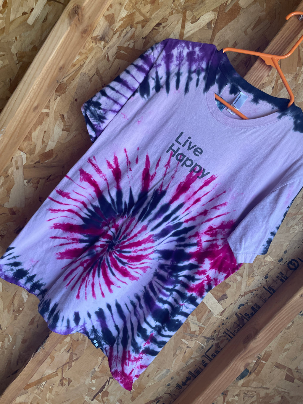 Large Men’s Live Happy Handmade Tie Dye T-Shirt | Pink, Purple, and Black Spiral Tie Dye Short Sleeve