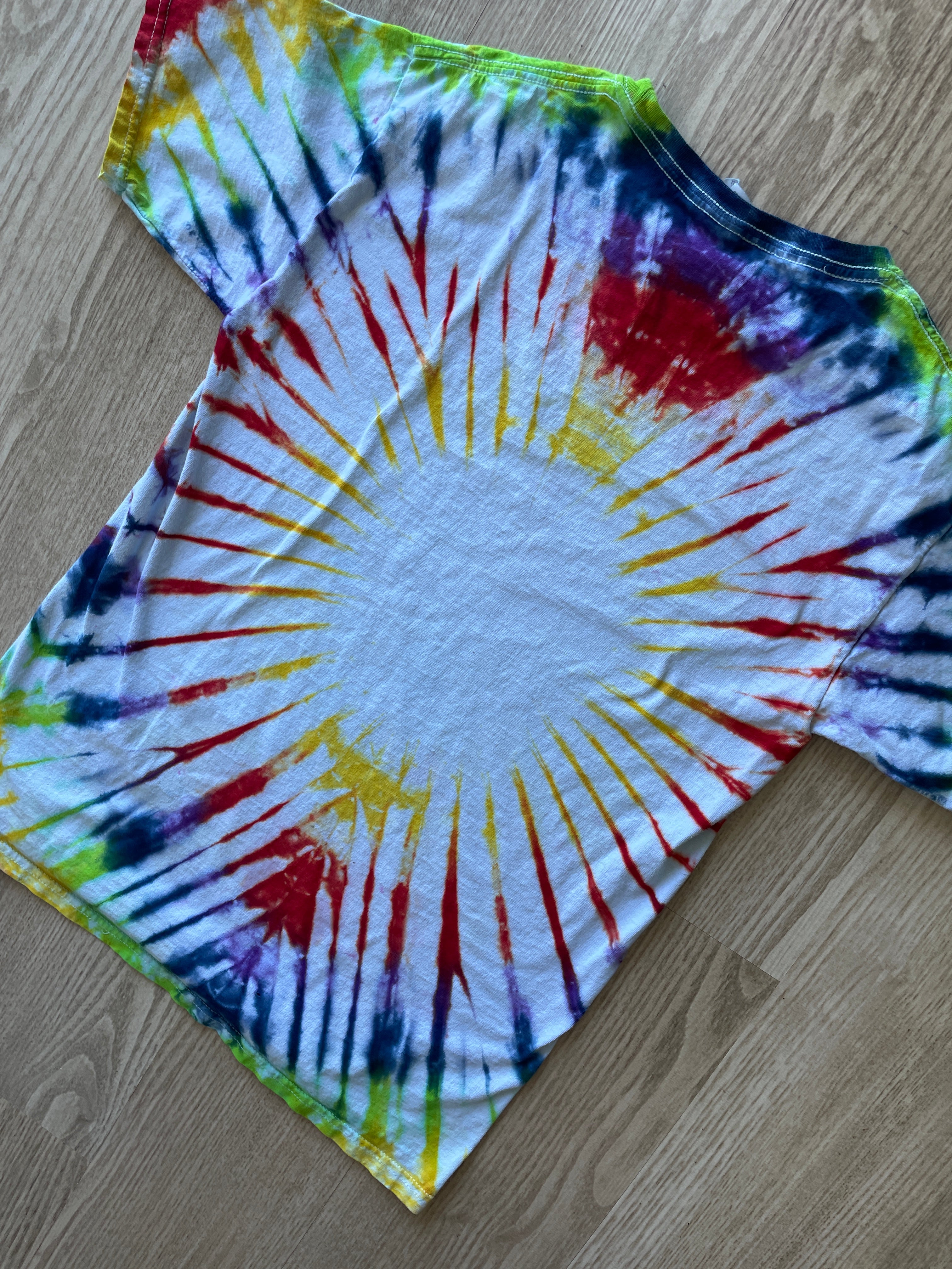 YOUTH XL Aerosmith Aero Force One Handmade Tie Dye T-Shirt | One-Of-a-Kind Rainbow Pleated Short Sleeve