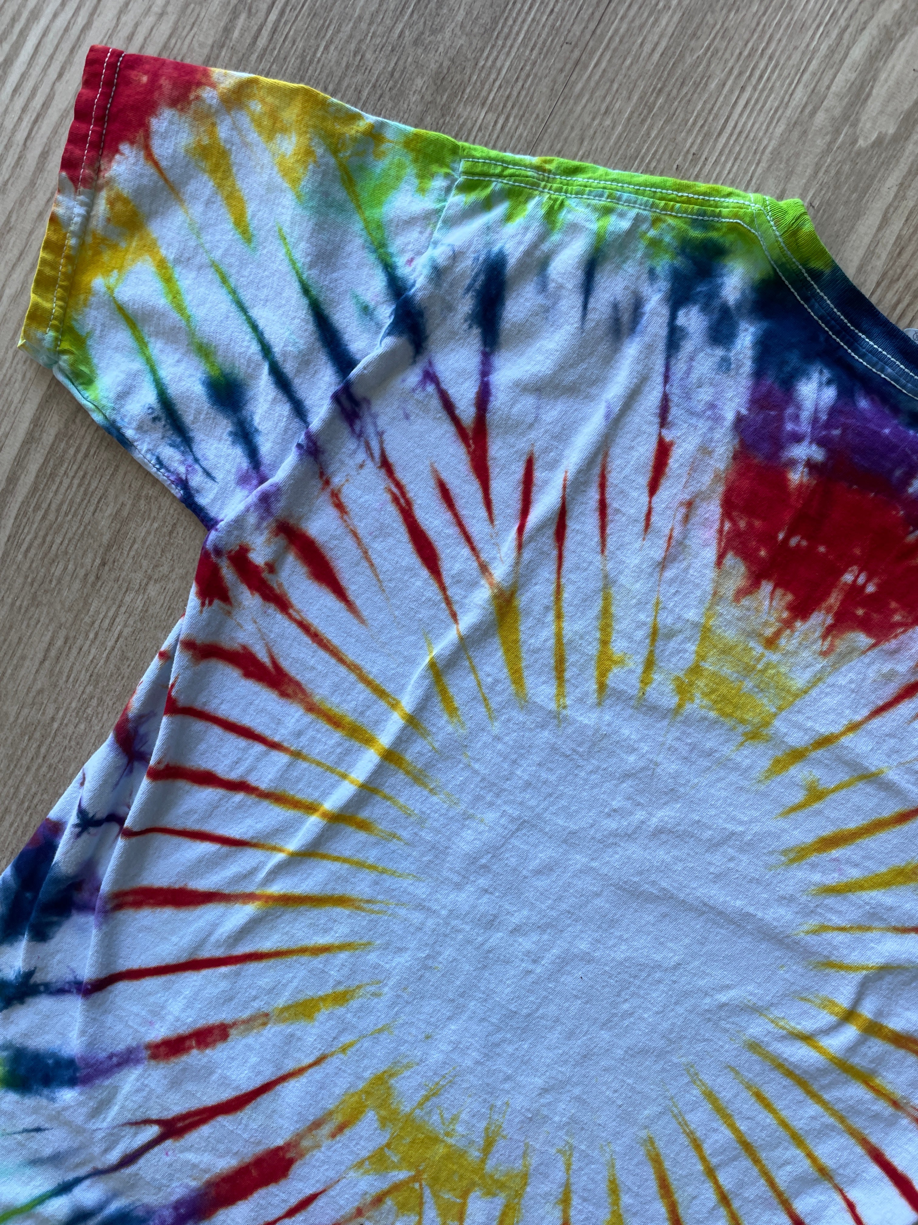 YOUTH XL Aerosmith Aero Force One Handmade Tie Dye T-Shirt | One-Of-a-Kind Rainbow Pleated Short Sleeve