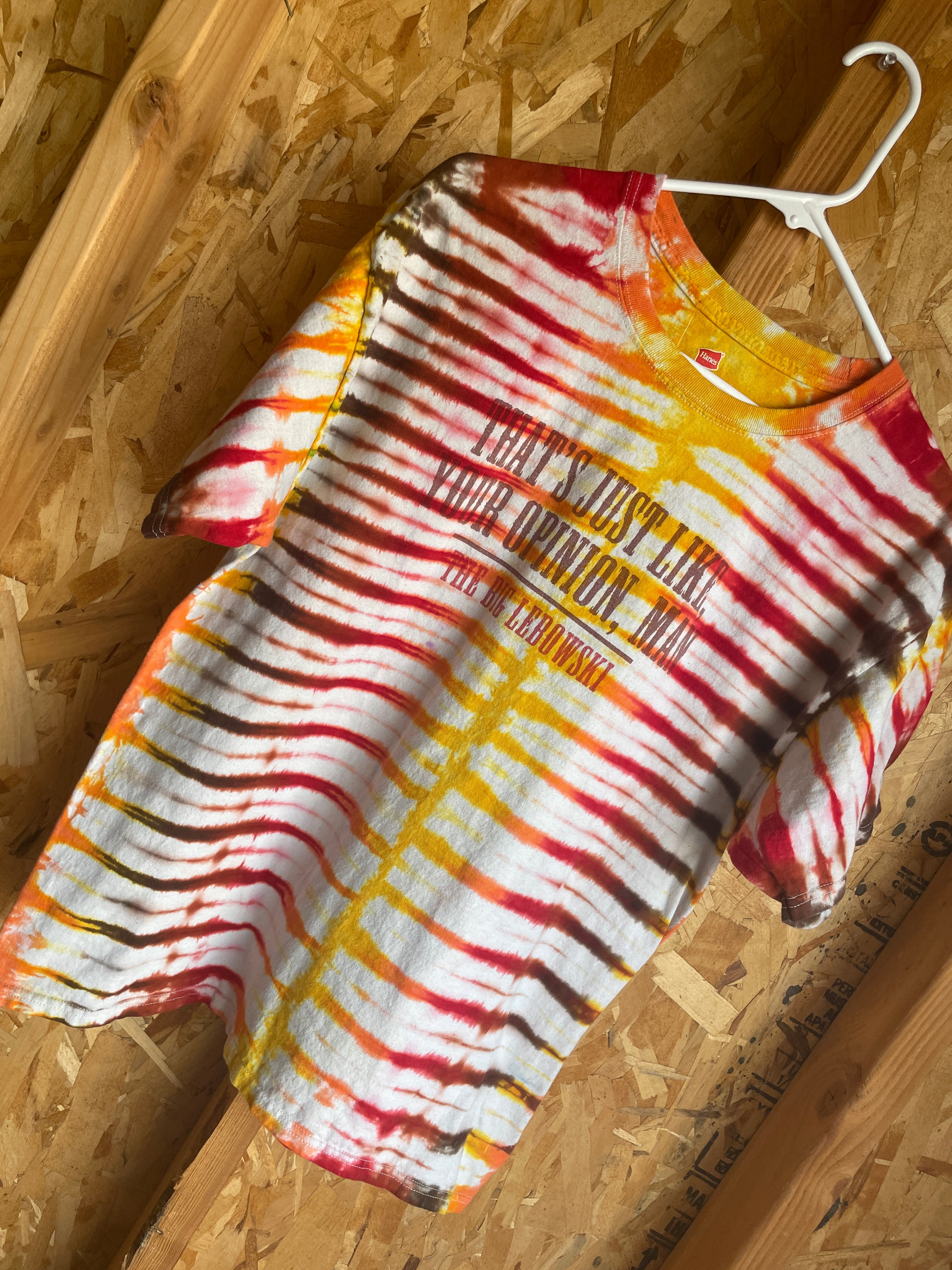 Large Men’s The Big Lebowski That’s Just  Like Your Opinion Man Handmade Tie Dye T-Shirt | Orange, Yellow, and Red Pleated Tie Dye Short Sleeve