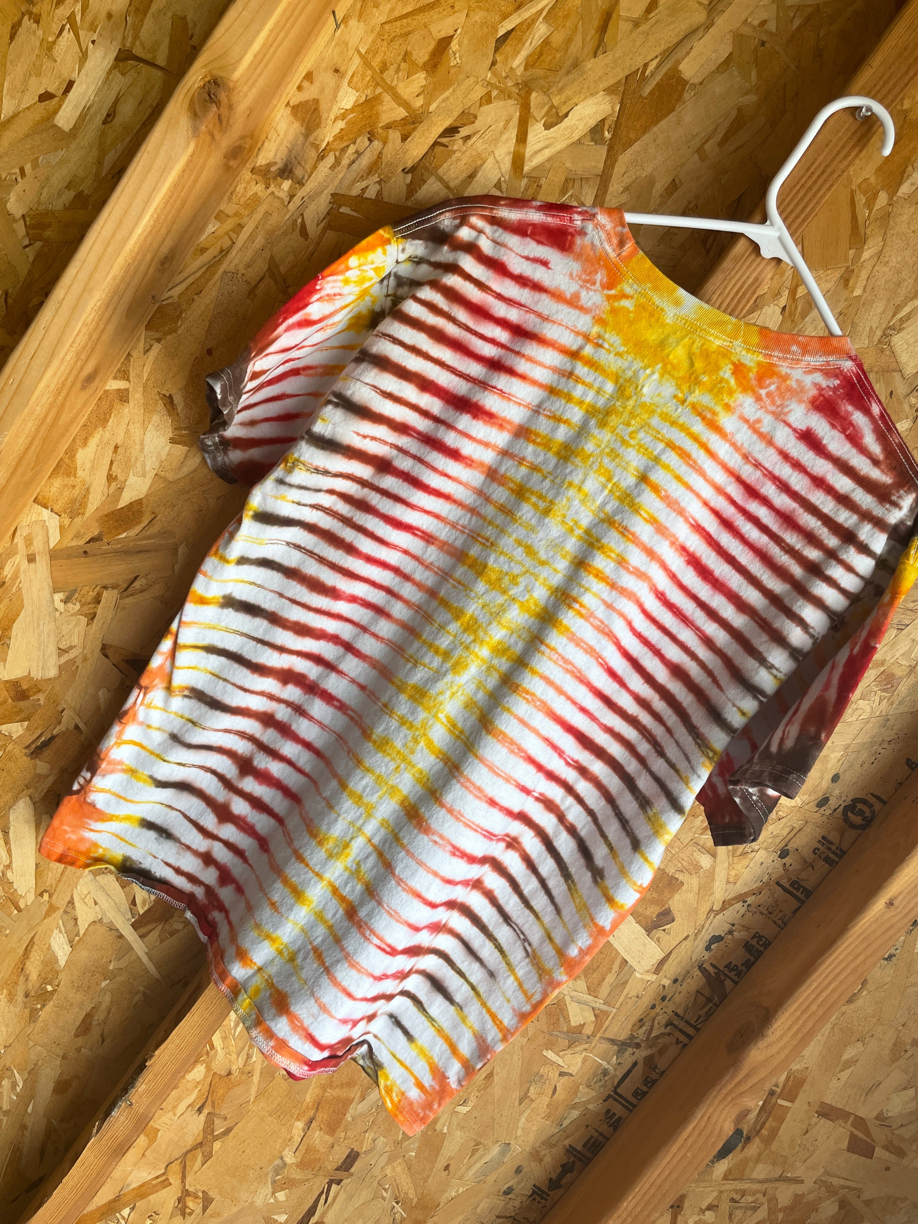 Large Men’s The Big Lebowski That’s Just  Like Your Opinion Man Handmade Tie Dye T-Shirt | Orange, Yellow, and Red Pleated Tie Dye Short Sleeve