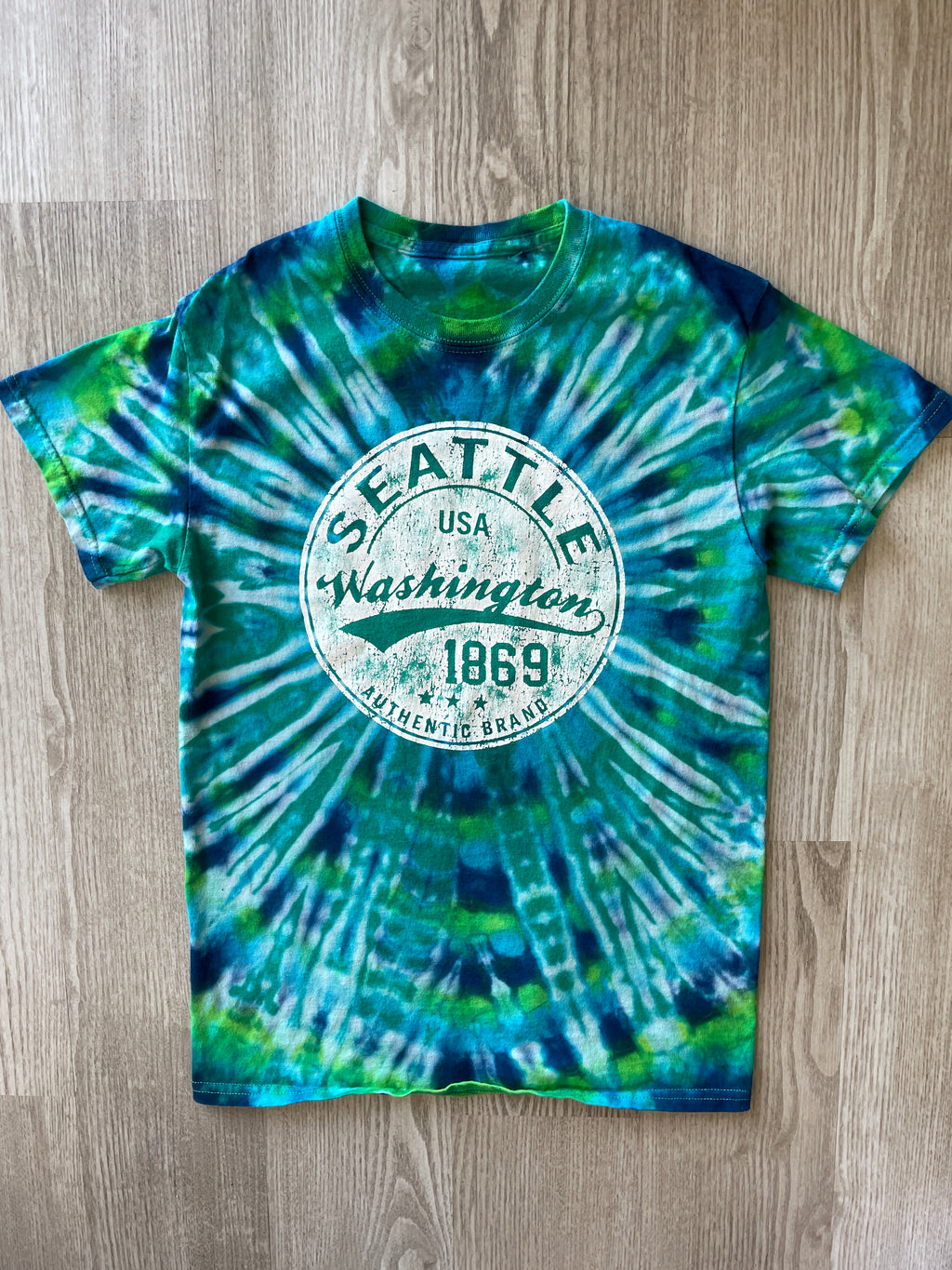 XL Youth Seattle Washington Handmade Tie Dye T-Shirt | One-Of-a-Kind Green and Blue Short Sleeve