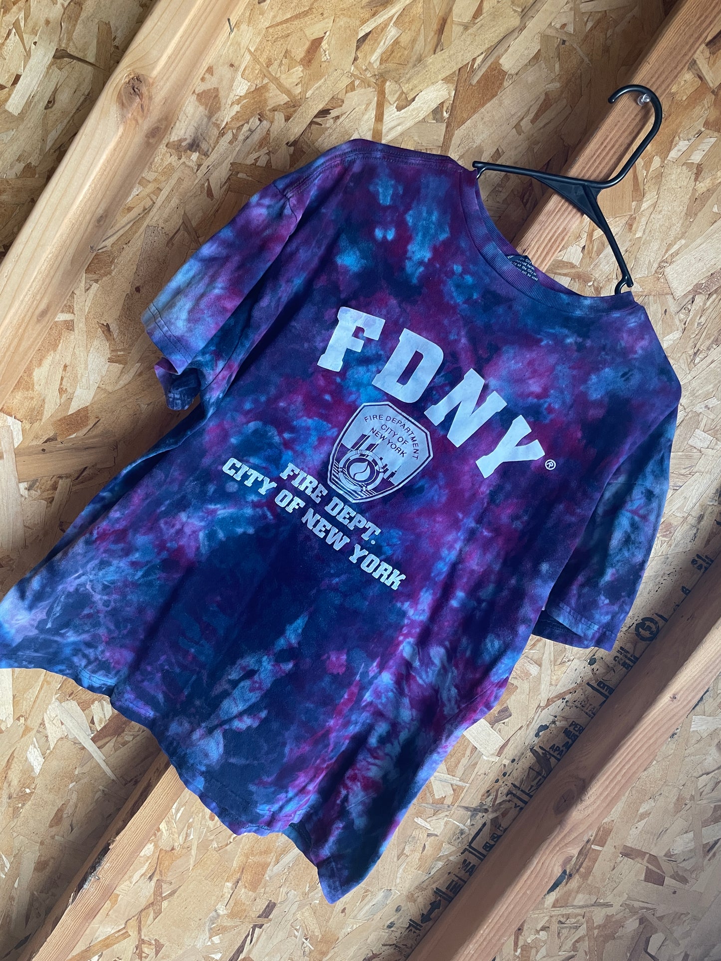 Large Men’s FDNY Handmade Tie Dye T-Shirt | Blue and Purple Galaxy Ice Dye Tie Dye Short Sleeve