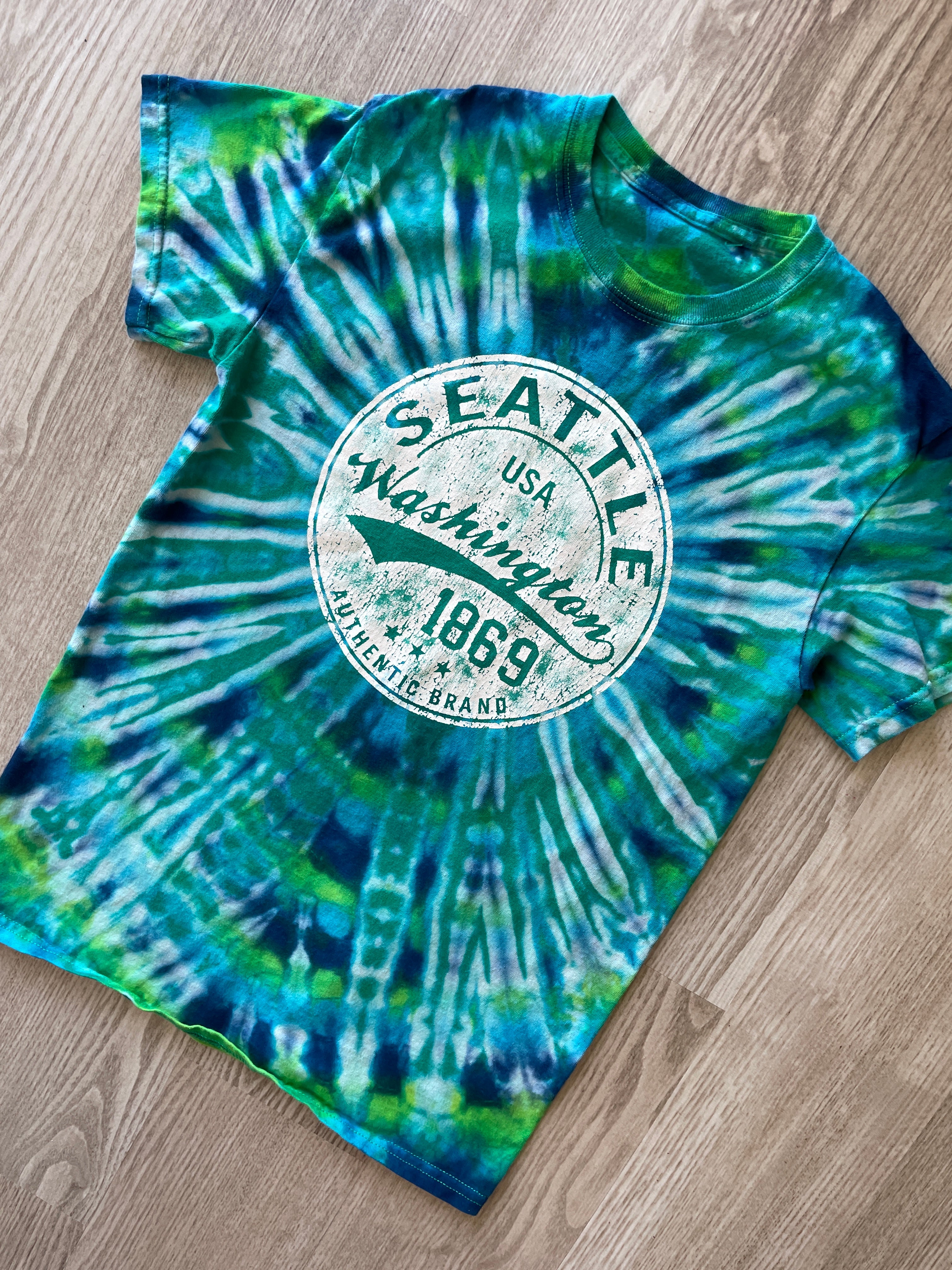 XL Youth Seattle Washington Handmade Tie Dye T-Shirt | One-Of-a-Kind Green and Blue Short Sleeve