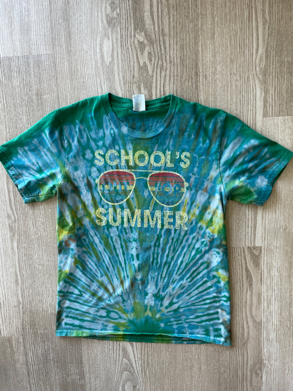 YOUTH Large School's Out for Summer Handmade Tie Dye T-Shirt | One-Of-a-Kind Green and Yellow Short Sleeve