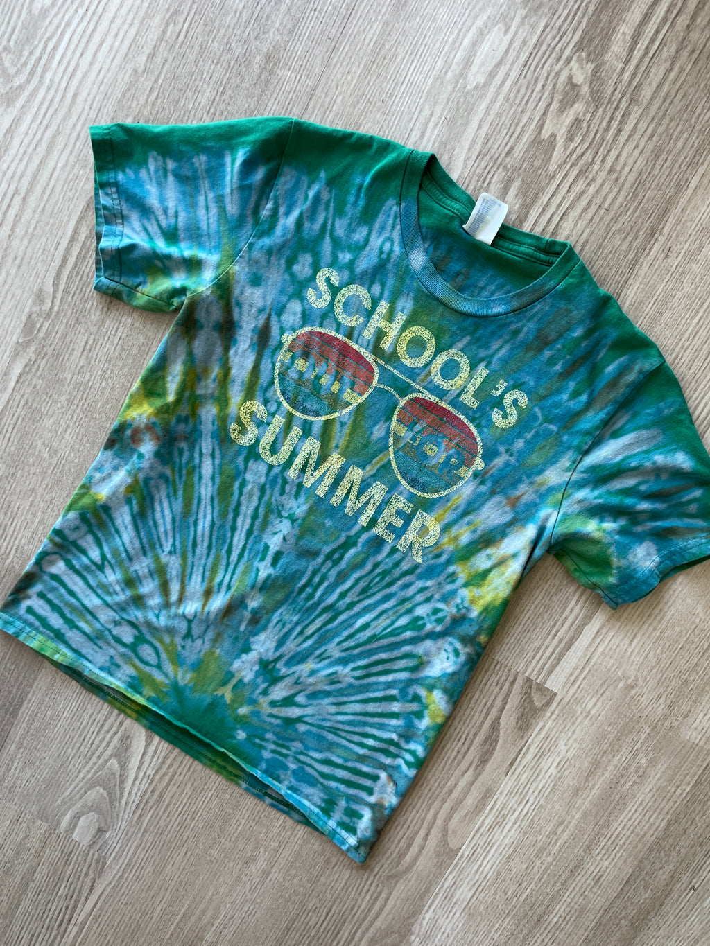 YOUTH Large School's Out for Summer Handmade Tie Dye T-Shirt | One-Of-a-Kind Green and Yellow Short Sleeve