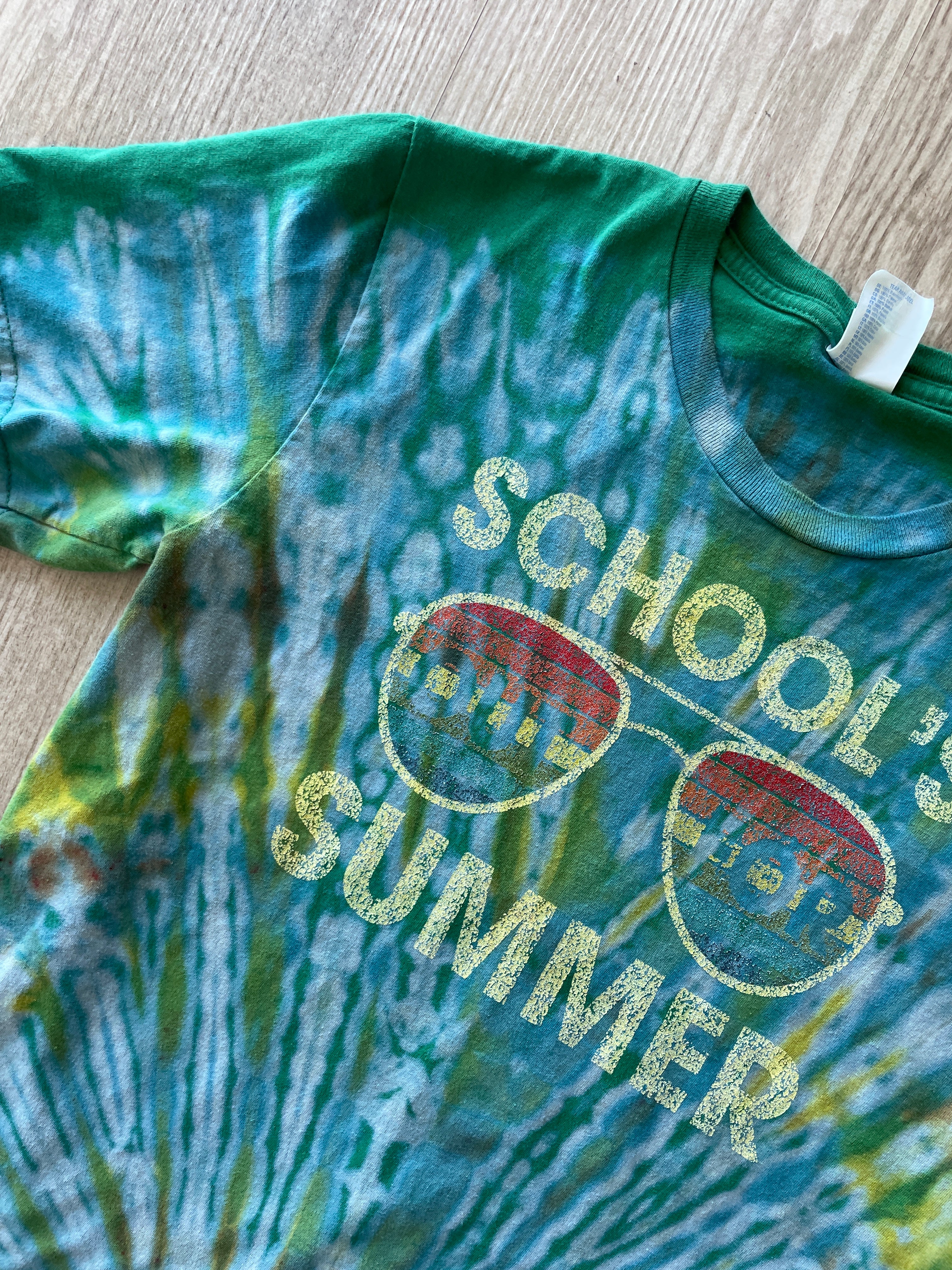 YOUTH Large School's Out for Summer Handmade Tie Dye T-Shirt | One-Of-a-Kind Green and Yellow Short Sleeve
