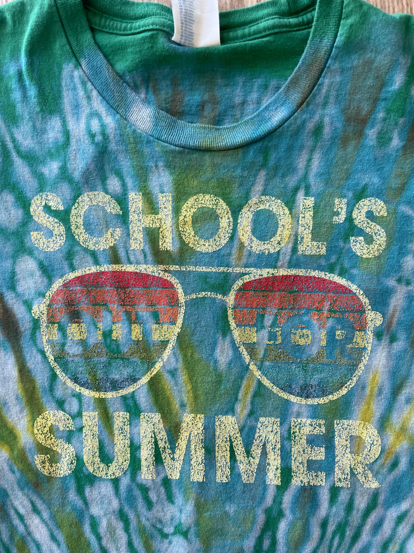 YOUTH Large School's Out for Summer Handmade Tie Dye T-Shirt | One-Of-a-Kind Green and Yellow Short Sleeve