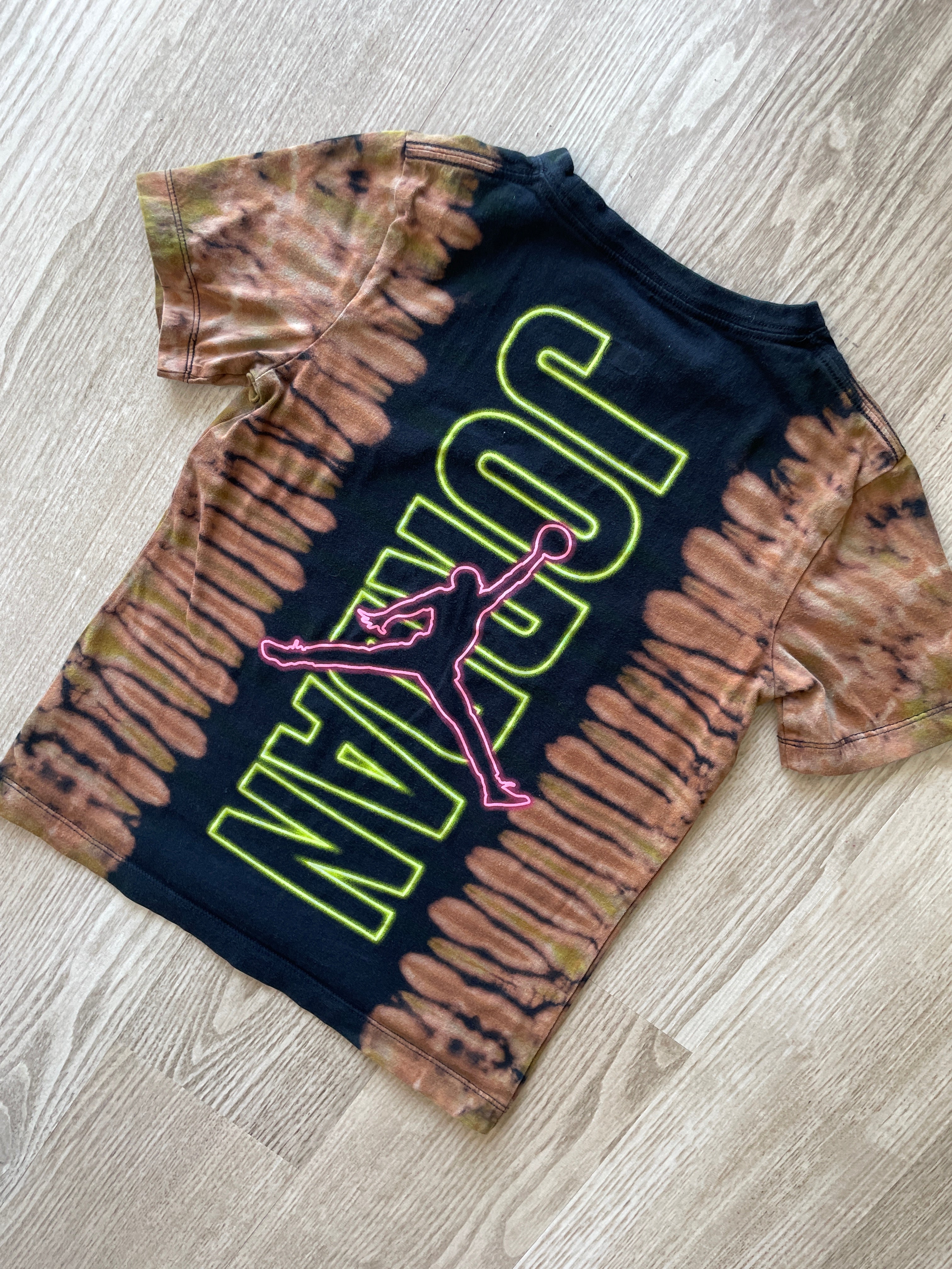 YOUTH SMALL Air Jordan Handmade Reverse Tie Dye T-Shirt | One-Of-a-Kind Black and Bleach Short Sleeve