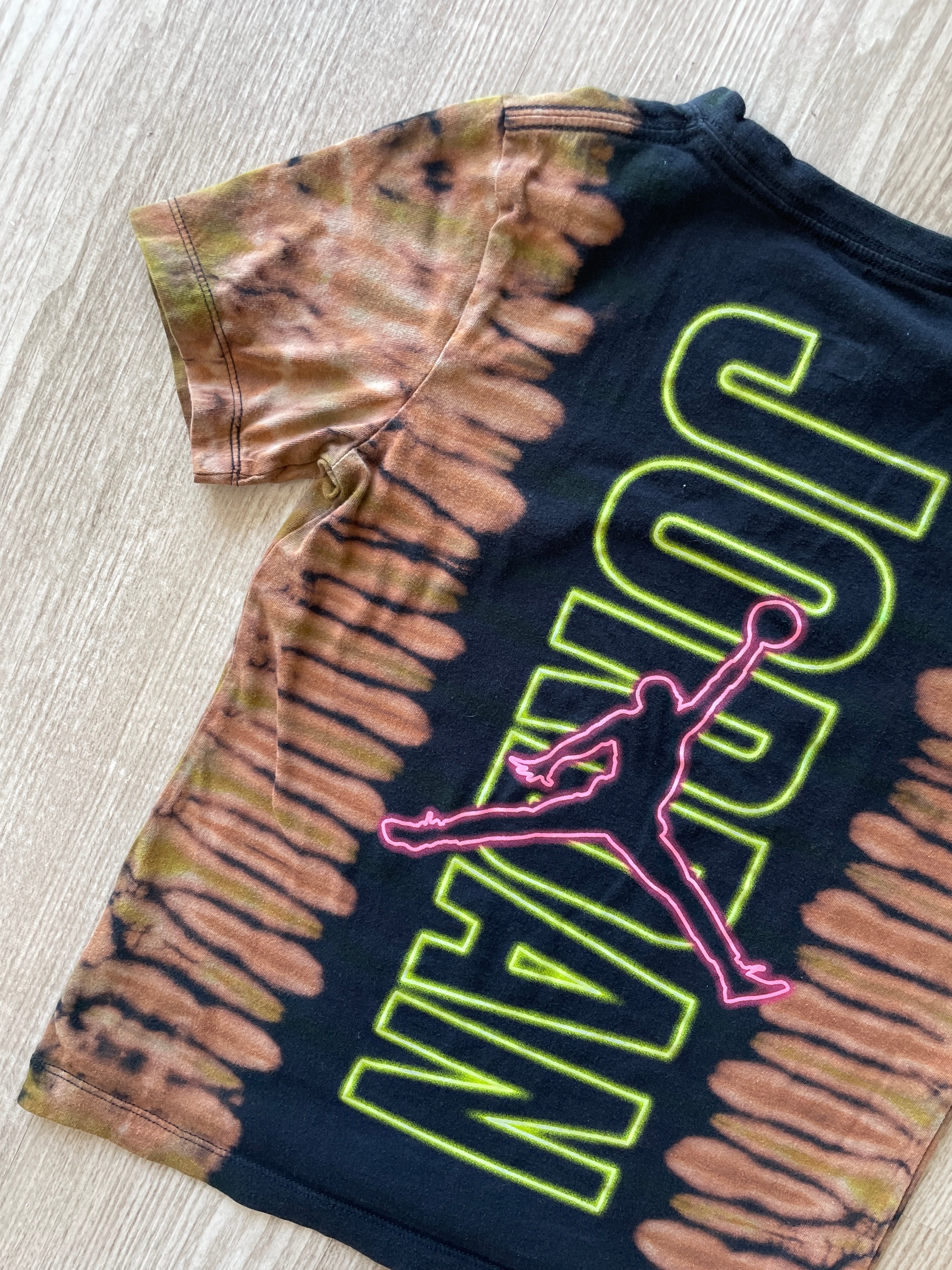 YOUTH SMALL Air Jordan Handmade Reverse Tie Dye T-Shirt | One-Of-a-Kind Black and Bleach Short Sleeve