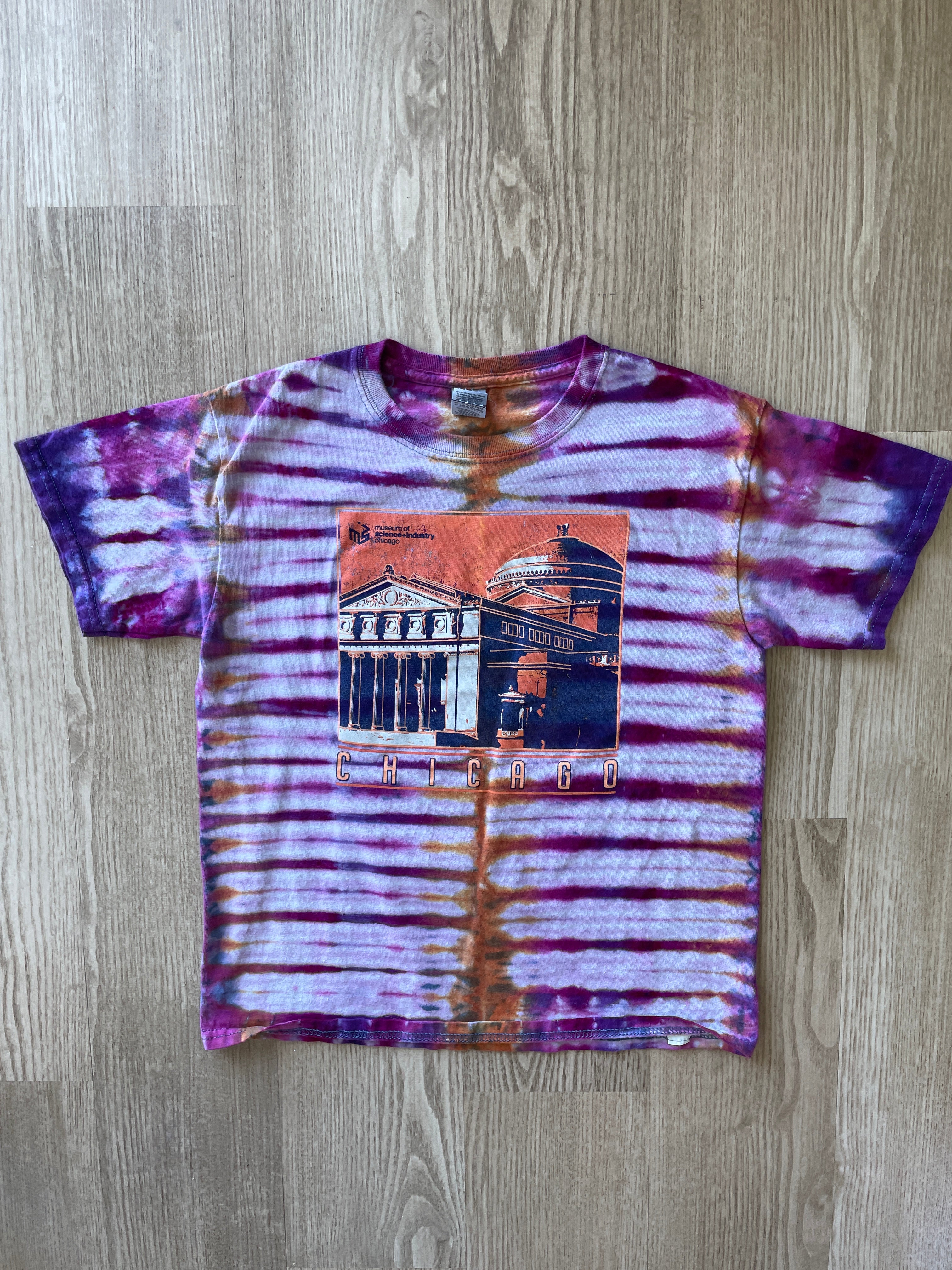 YOUTH MEDIUM Chicago Museum of Science and History Handmade Tie Dye T-Shirt | One-Of-a-Kind Pink and Purple Short Sleeve