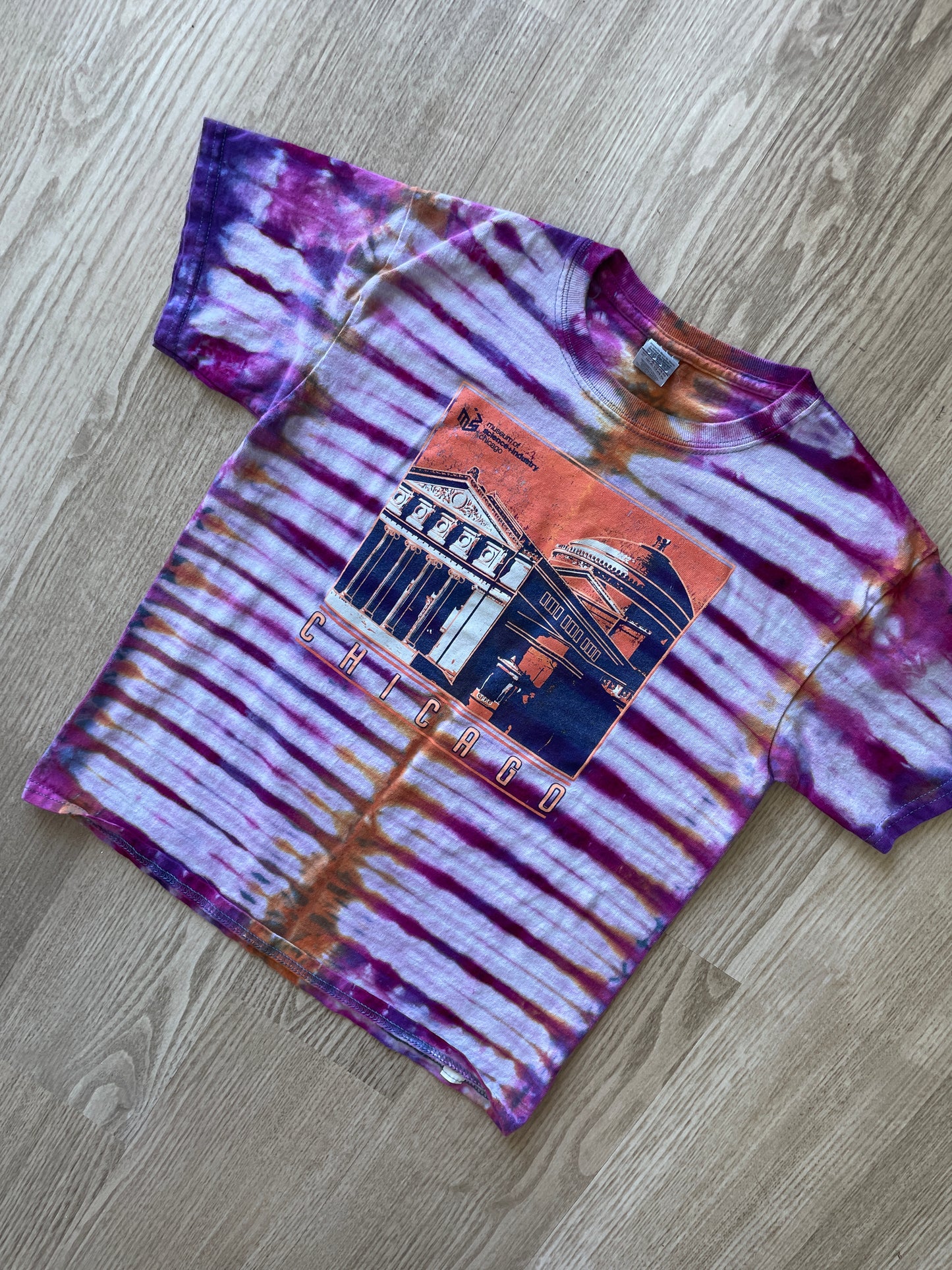 YOUTH MEDIUM Chicago Museum of Science and History Handmade Tie Dye T-Shirt | One-Of-a-Kind Pink and Purple Short Sleeve