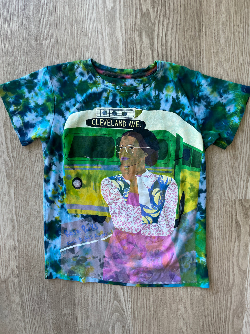 YOUTH SIZE 14 Rose Parks Trailblazer Handmade Tie Dye T-Shirt | One-Of-a-Kind Piccolina Blue and Green Short Sleeve