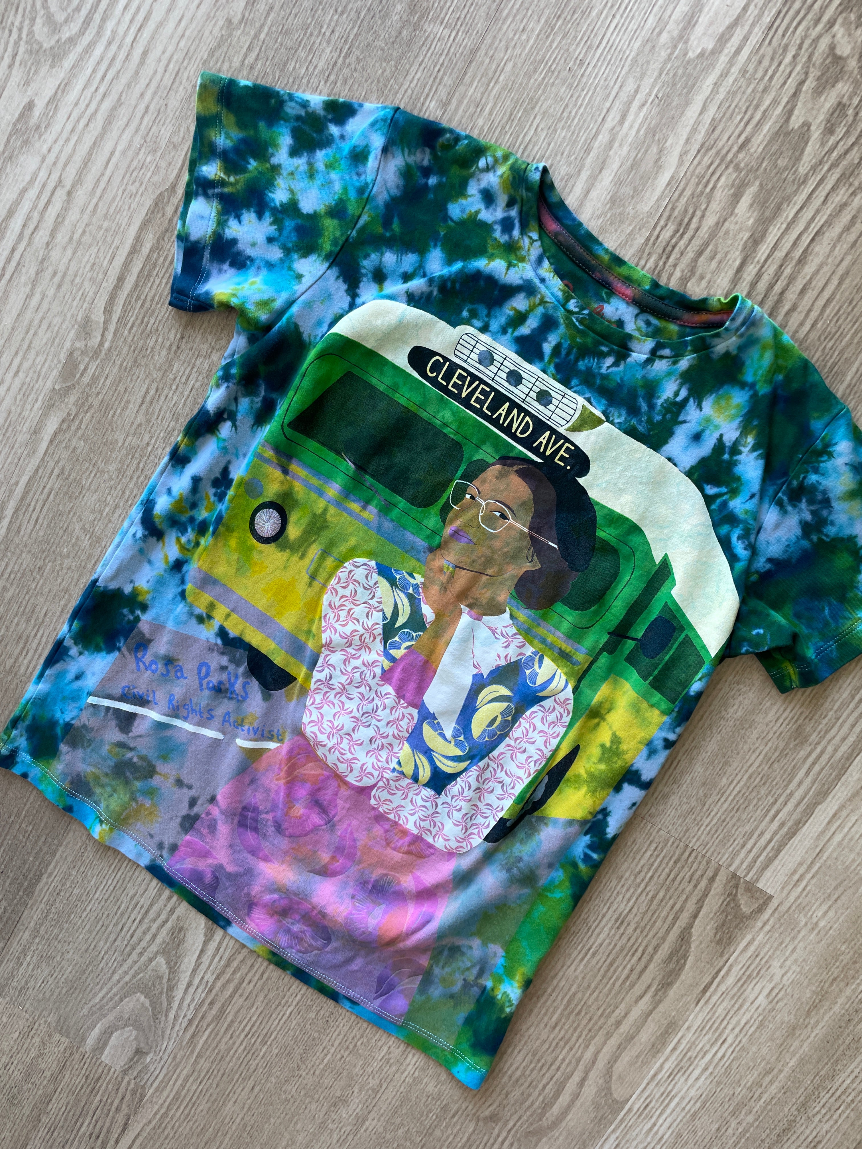 YOUTH SIZE 14 Rose Parks Trailblazer Handmade Tie Dye T-Shirt | One-Of-a-Kind Piccolina Blue and Green Short Sleeve