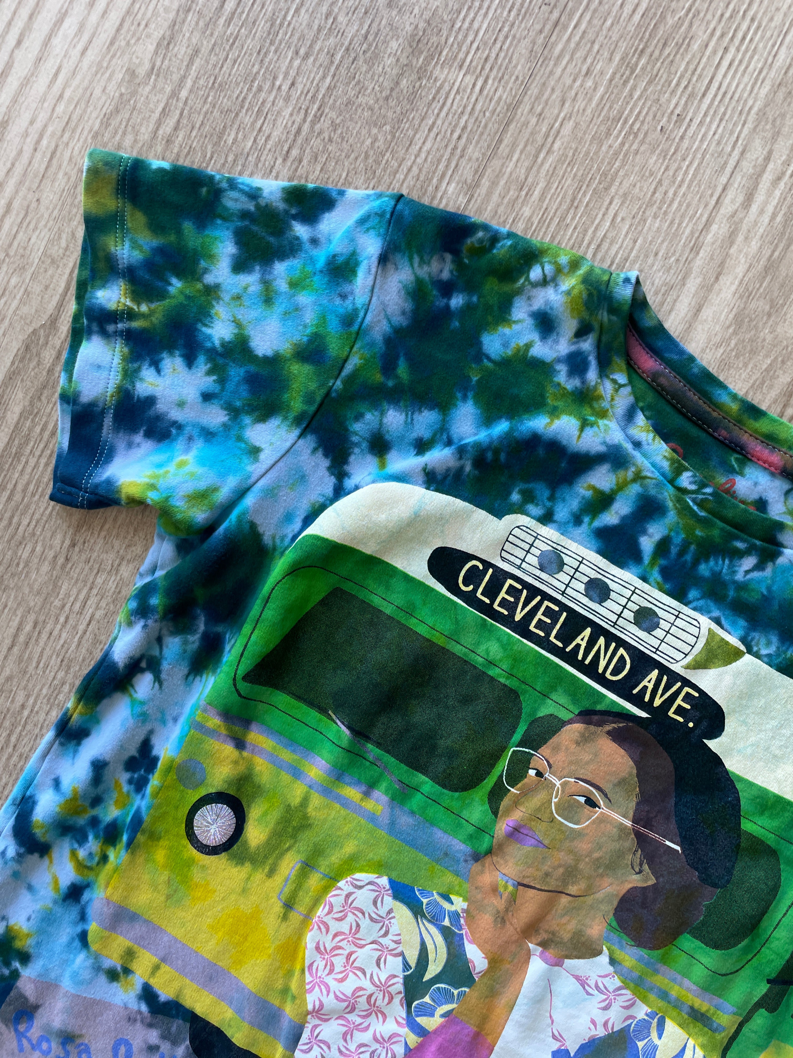 YOUTH SIZE 14 Rose Parks Trailblazer Handmade Tie Dye T-Shirt | One-Of-a-Kind Piccolina Blue and Green Short Sleeve