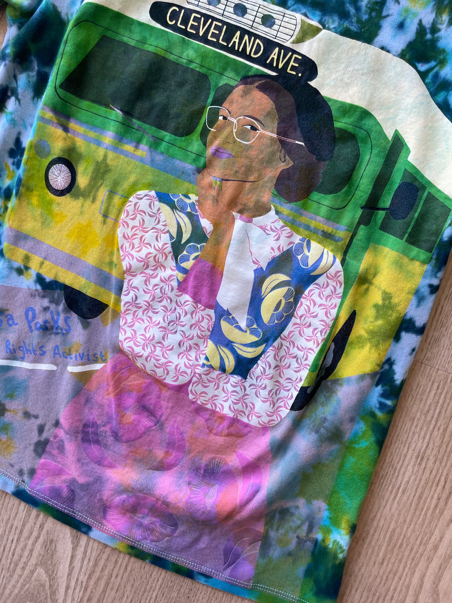 YOUTH SIZE 14 Rose Parks Trailblazer Handmade Tie Dye T-Shirt | One-Of-a-Kind Piccolina Blue and Green Short Sleeve