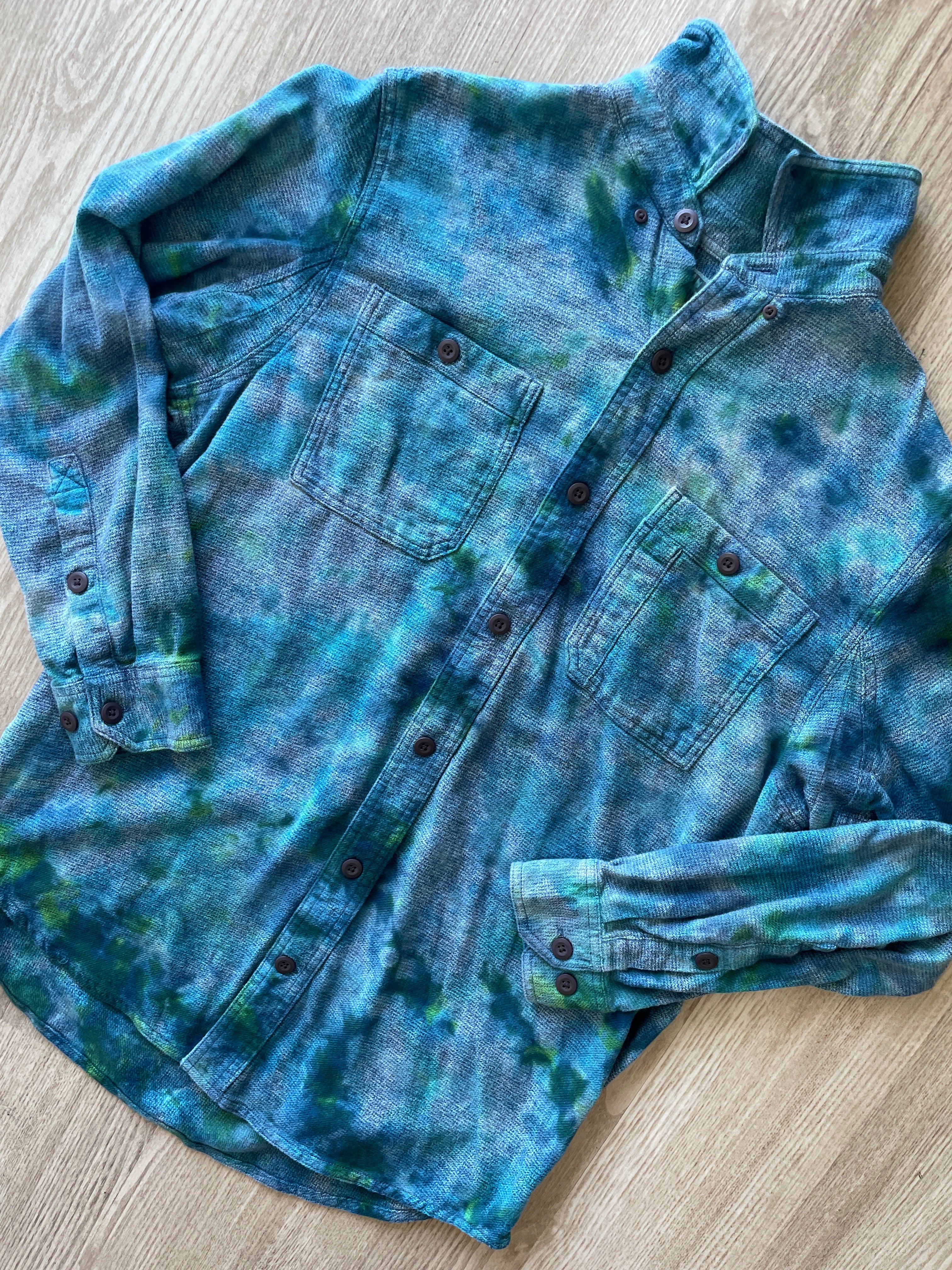 LARGE Men’s Duluth Trading Co Blue and Green Handmade Tie Dye Flannel Shirt | One-Of-a-Kind Upcycled Long Sleeve