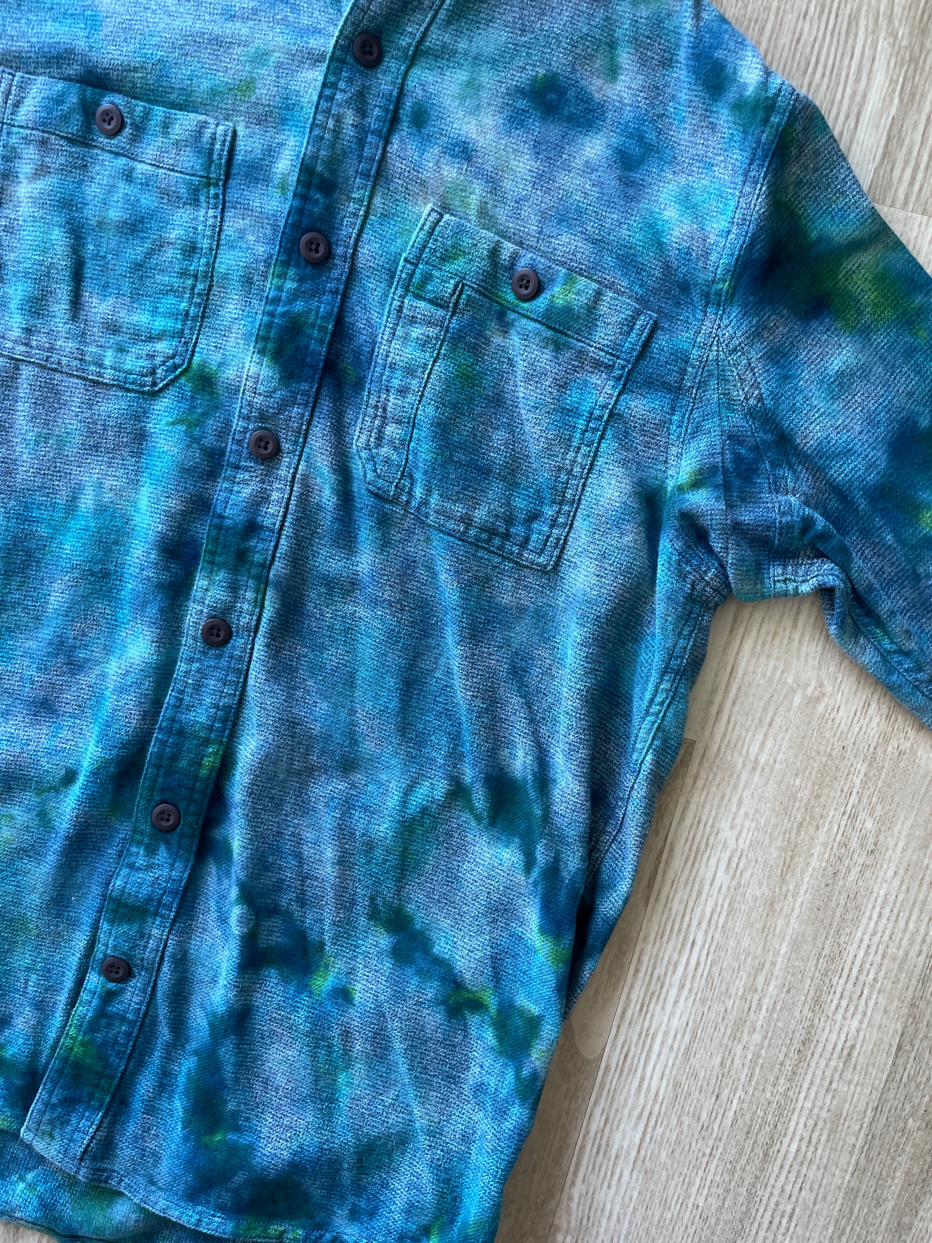 LARGE Men’s Duluth Trading Co Blue and Green Handmade Tie Dye Flannel Shirt | One-Of-a-Kind Upcycled Long Sleeve