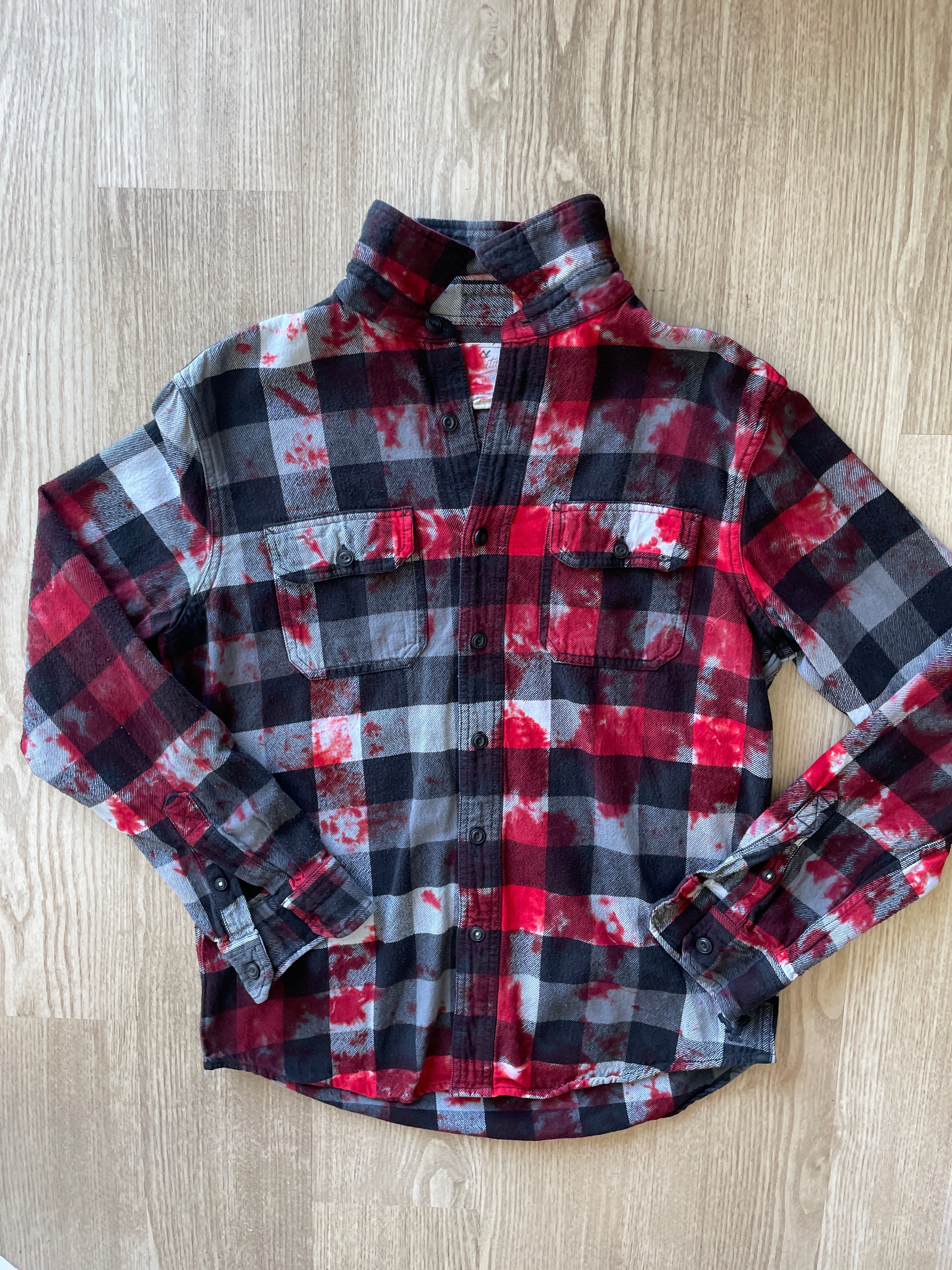 MEDIUM Men’s American Eagle Black, White, and Red Handmade Tie Dye Flannel Shirt | One-Of-a-Kind Upcycled Long Sleeve