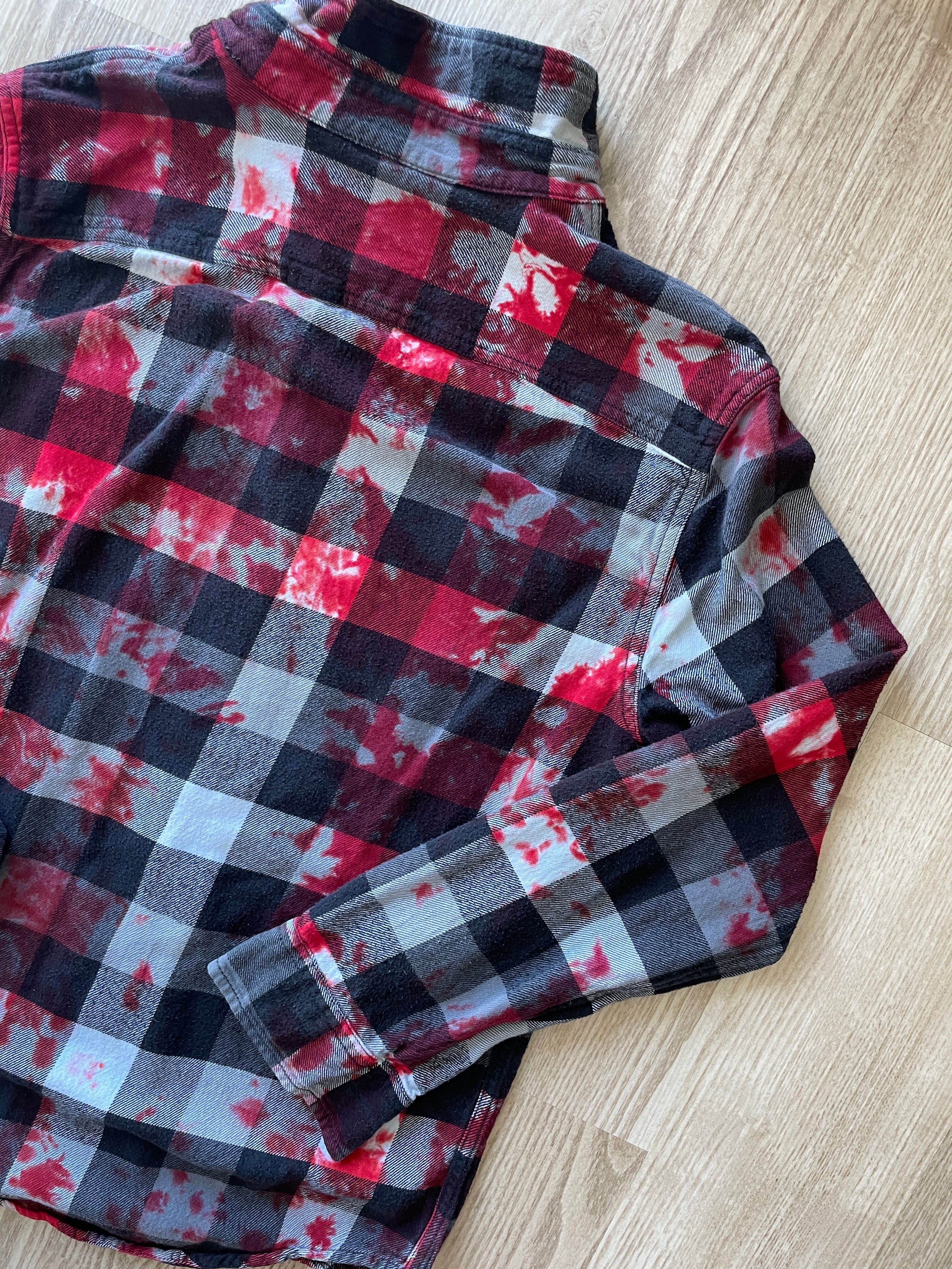 MEDIUM Men’s American Eagle Black, White, and Red Handmade Tie Dye Flannel Shirt | One-Of-a-Kind Upcycled Long Sleeve