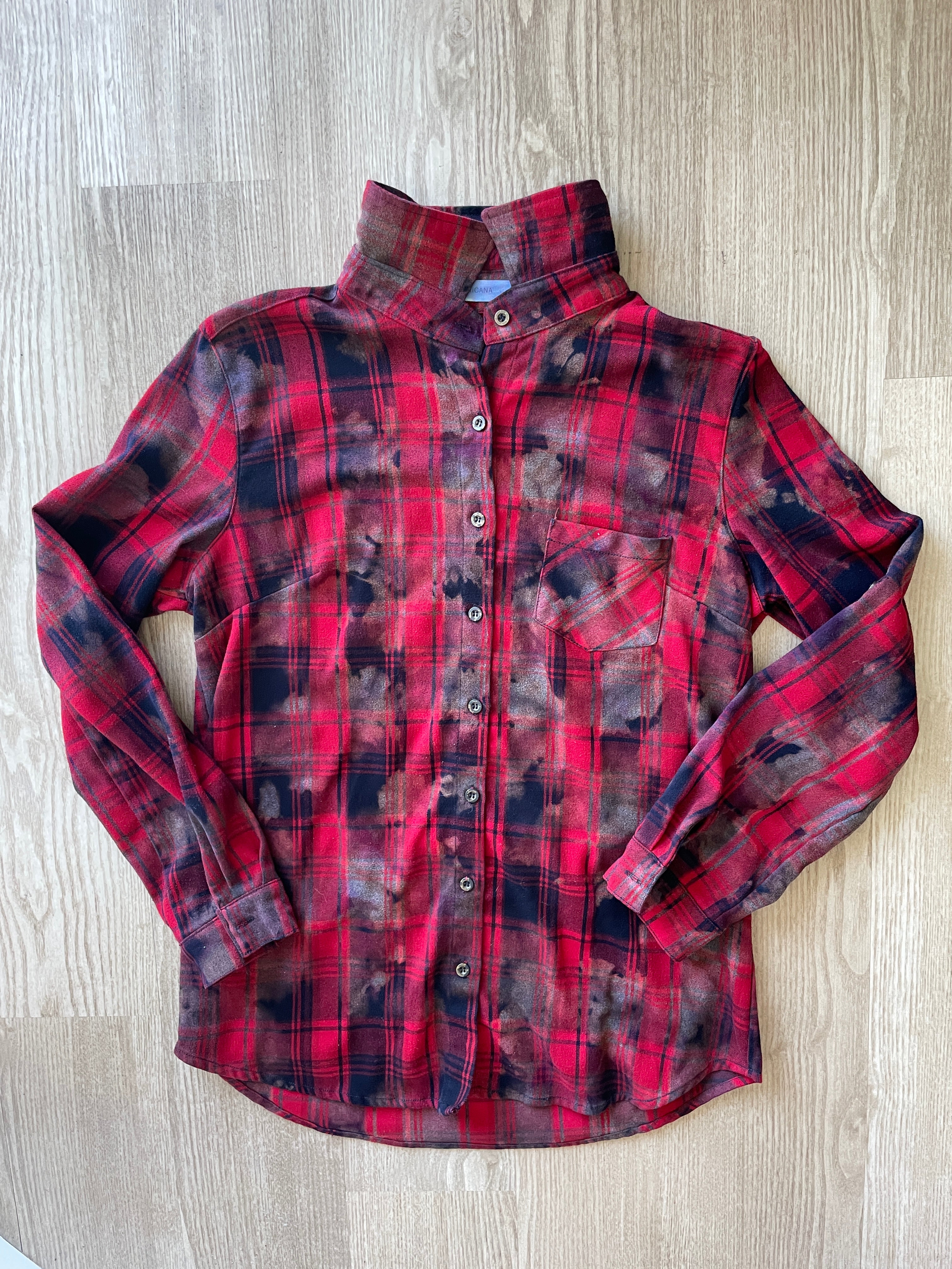 LARGE Women’s Red, Black, and Gray Handmade Tie Dye Flannel Shirt | One-Of-a-Kind Upcycled Long Sleeve