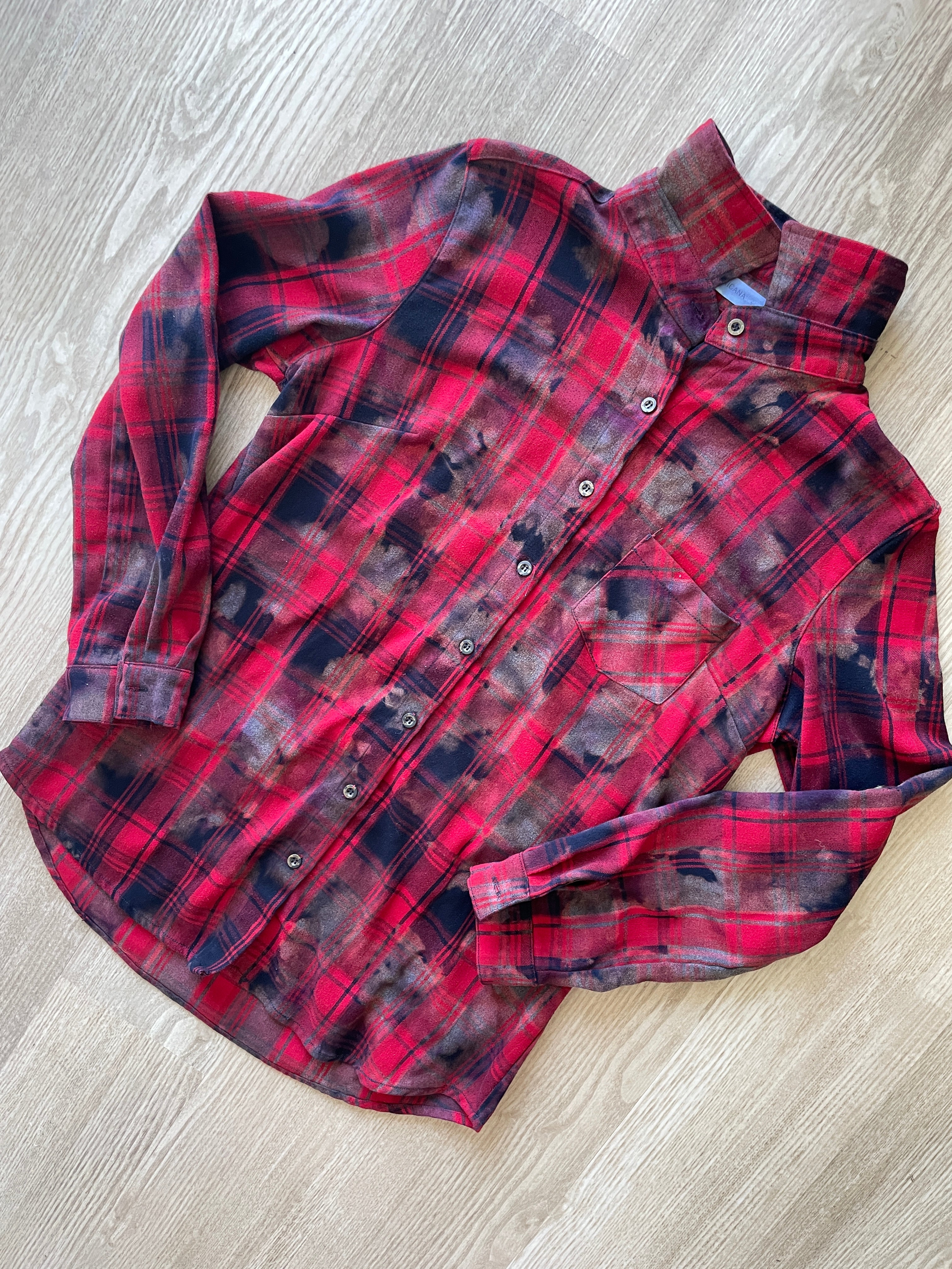 LARGE Women’s Red, Black, and Gray Handmade Tie Dye Flannel Shirt | One-Of-a-Kind Upcycled Long Sleeve