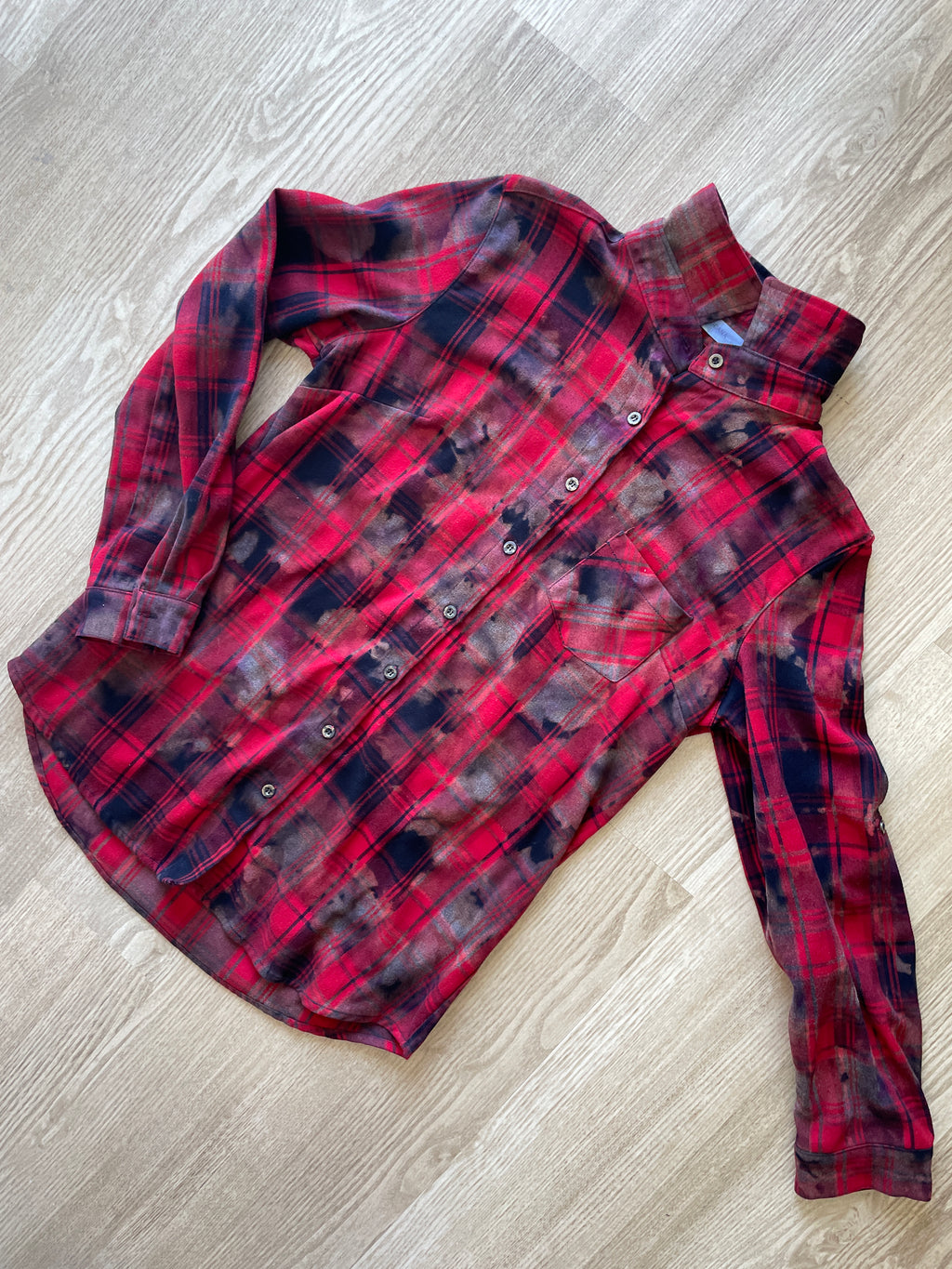 LARGE Women’s Red, Black, and Gray Handmade Tie Dye Flannel Shirt | One-Of-a-Kind Upcycled Long Sleeve