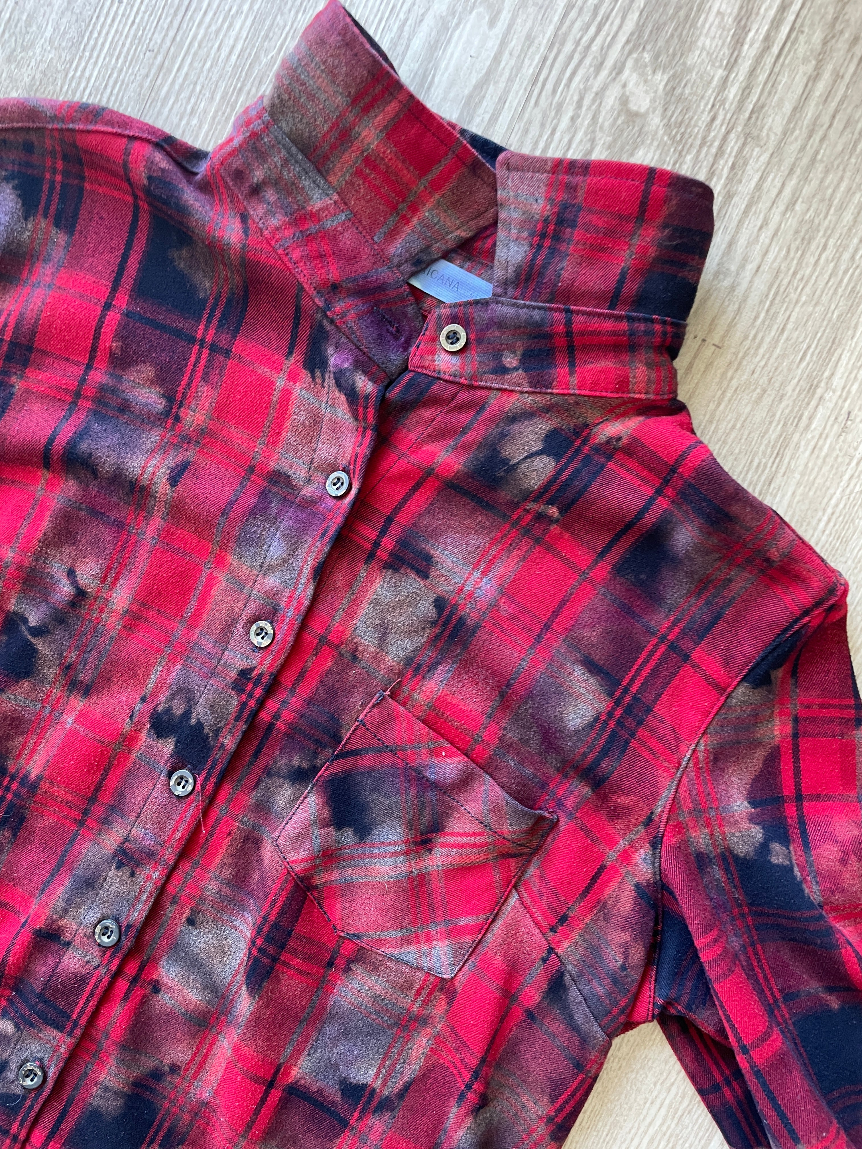 LARGE Women’s Red, Black, and Gray Handmade Tie Dye Flannel Shirt | One-Of-a-Kind Upcycled Long Sleeve