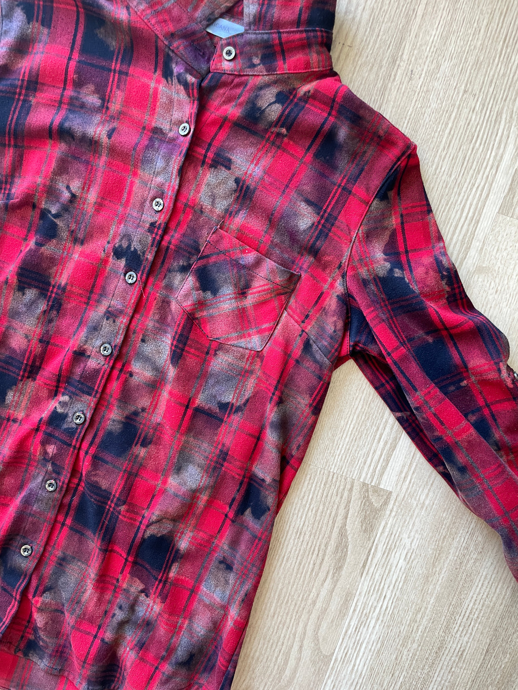 LARGE Women’s Red, Black, and Gray Handmade Tie Dye Flannel Shirt | One-Of-a-Kind Upcycled Long Sleeve