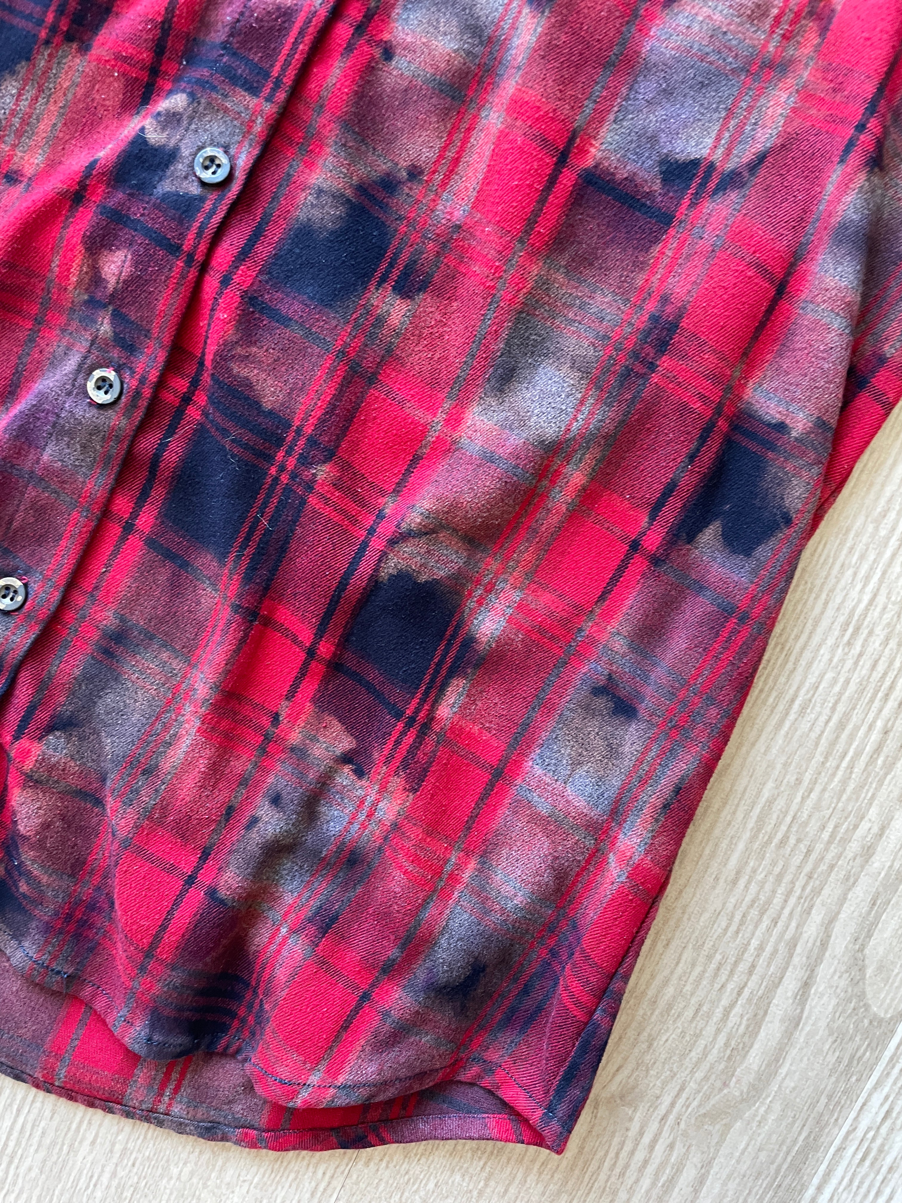 LARGE Women’s Red, Black, and Gray Handmade Tie Dye Flannel Shirt | One-Of-a-Kind Upcycled Long Sleeve