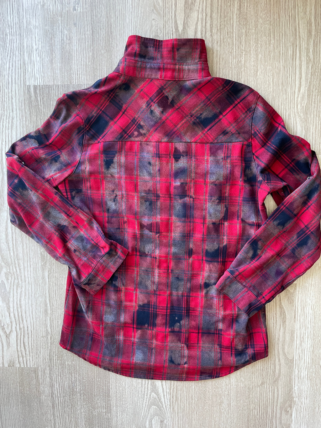 LARGE Women’s Red, Black, and Gray Handmade Tie Dye Flannel Shirt | One-Of-a-Kind Upcycled Long Sleeve