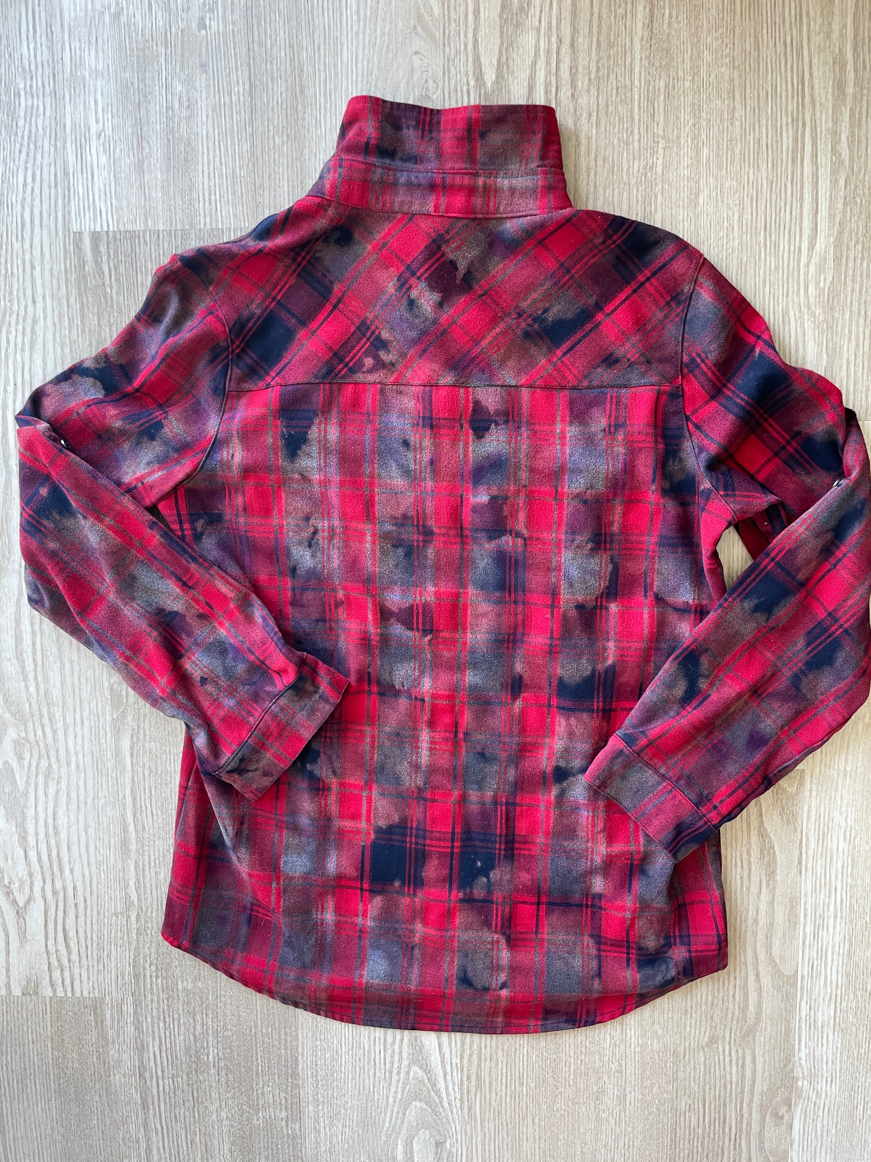 LARGE Women’s Red, Black, and Gray Handmade Tie Dye Flannel Shirt | One-Of-a-Kind Upcycled Long Sleeve