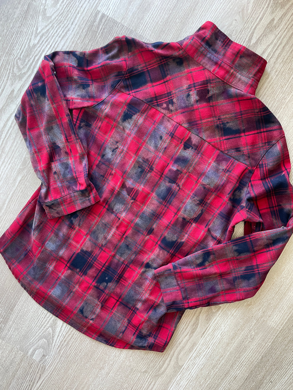 LARGE Women’s Red, Black, and Gray Handmade Tie Dye Flannel Shirt | One-Of-a-Kind Upcycled Long Sleeve
