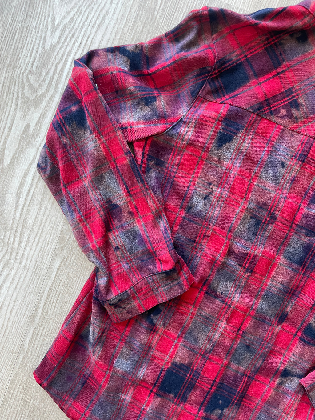 LARGE Women’s Red, Black, and Gray Handmade Tie Dye Flannel Shirt | One-Of-a-Kind Upcycled Long Sleeve