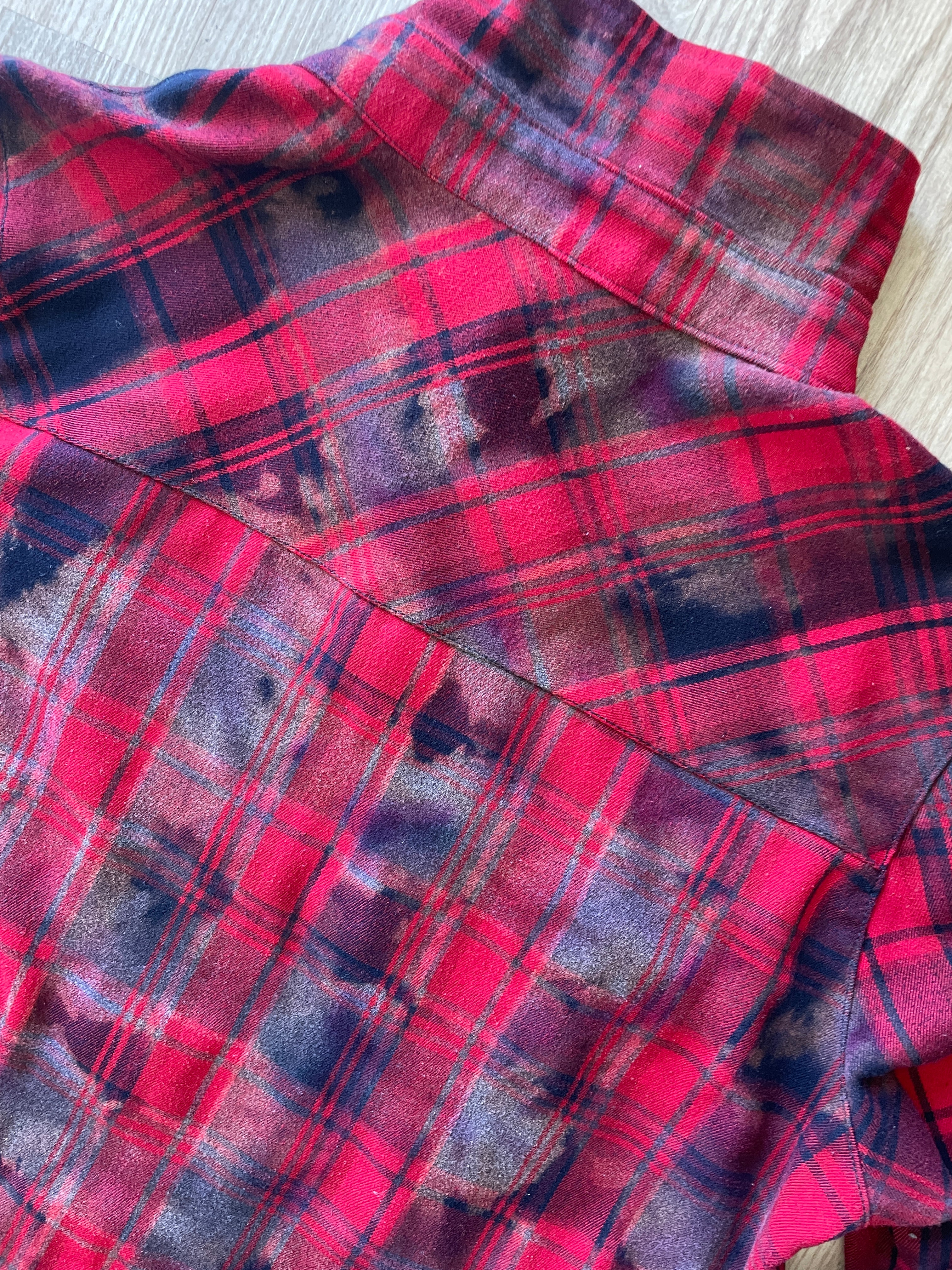 LARGE Women’s Red, Black, and Gray Handmade Tie Dye Flannel Shirt | One-Of-a-Kind Upcycled Long Sleeve