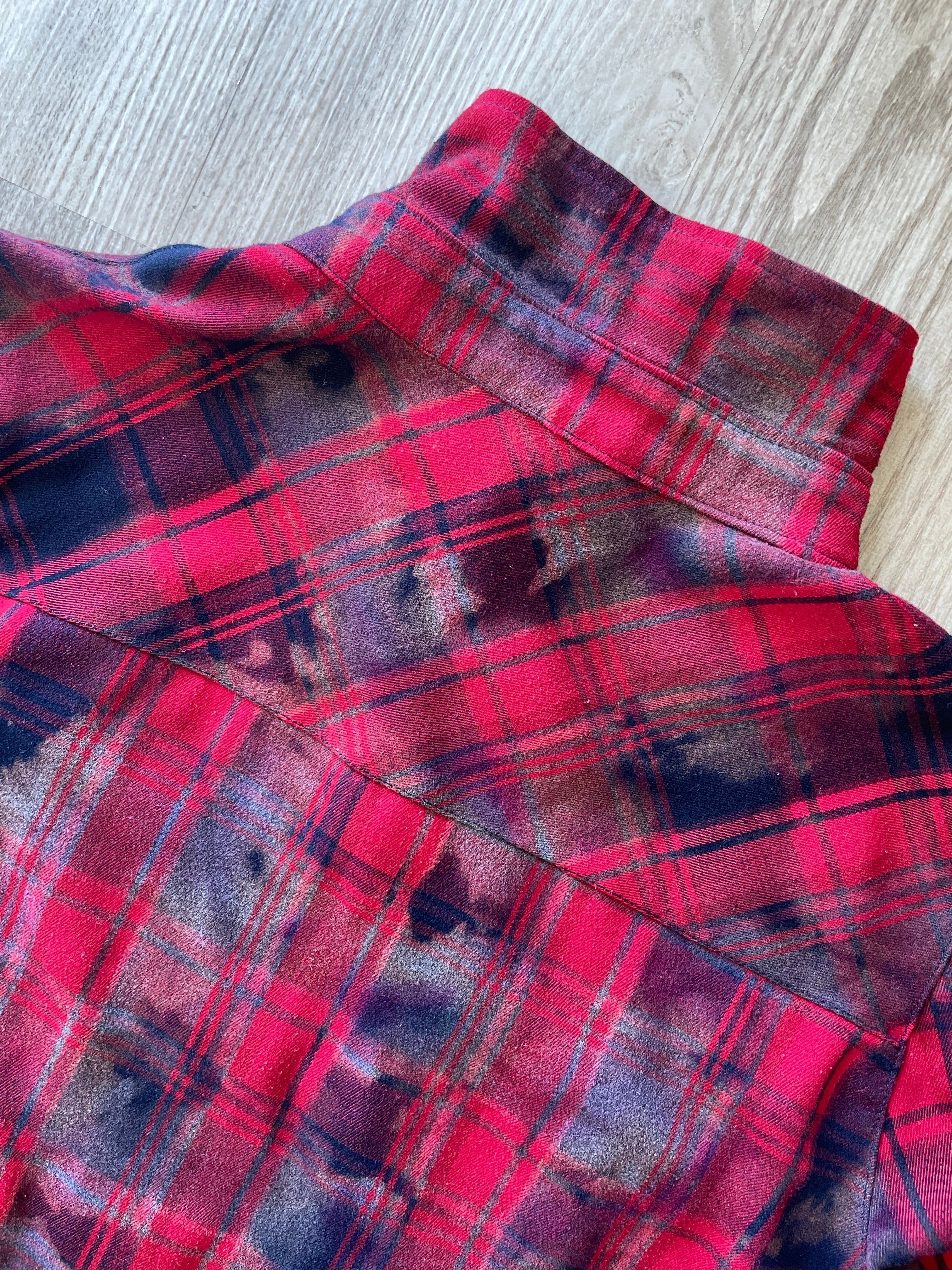 LARGE Women’s Red, Black, and Gray Handmade Tie Dye Flannel Shirt | One-Of-a-Kind Upcycled Long Sleeve